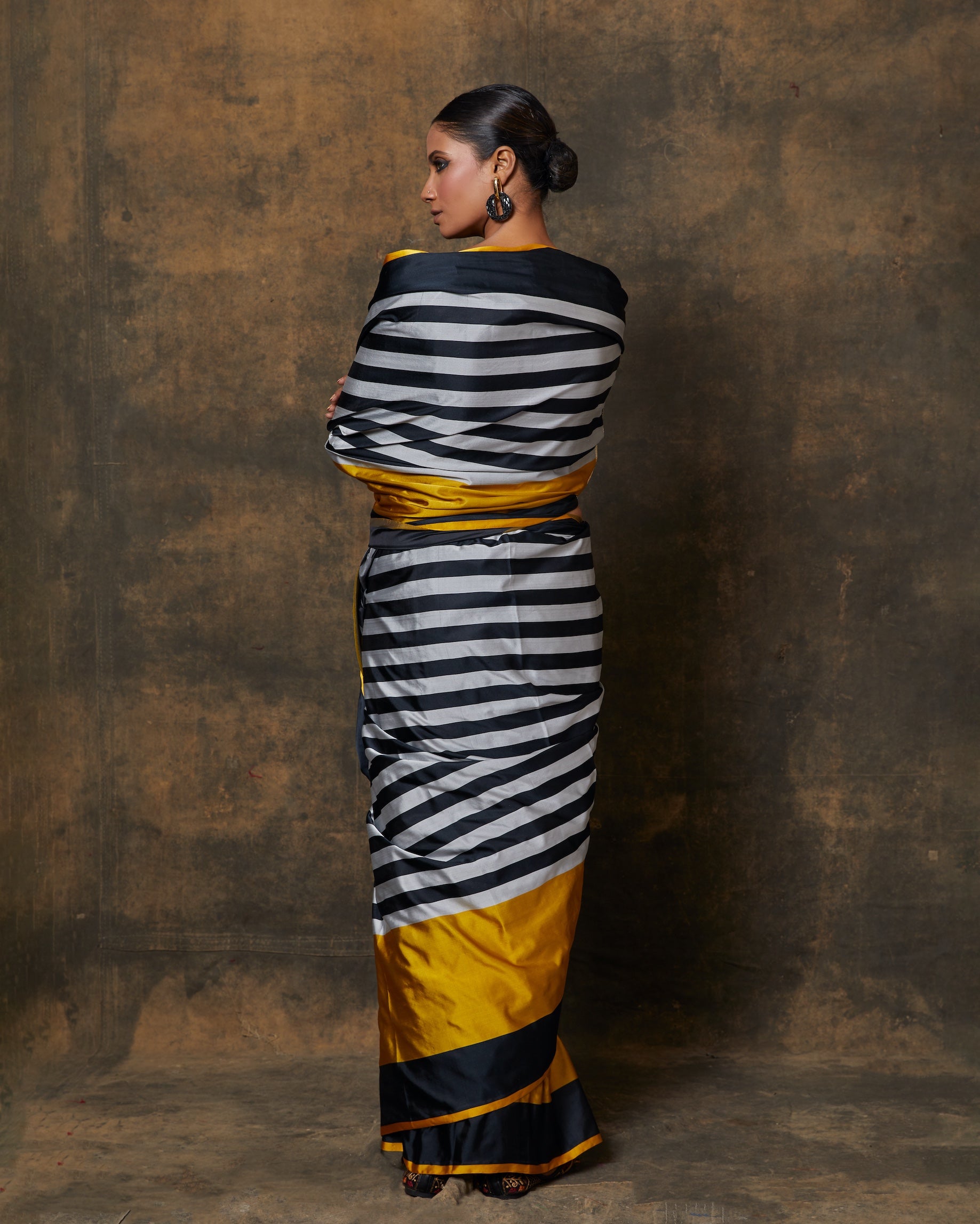 Black & White Stripe Banarasi Mashru Silk Saree