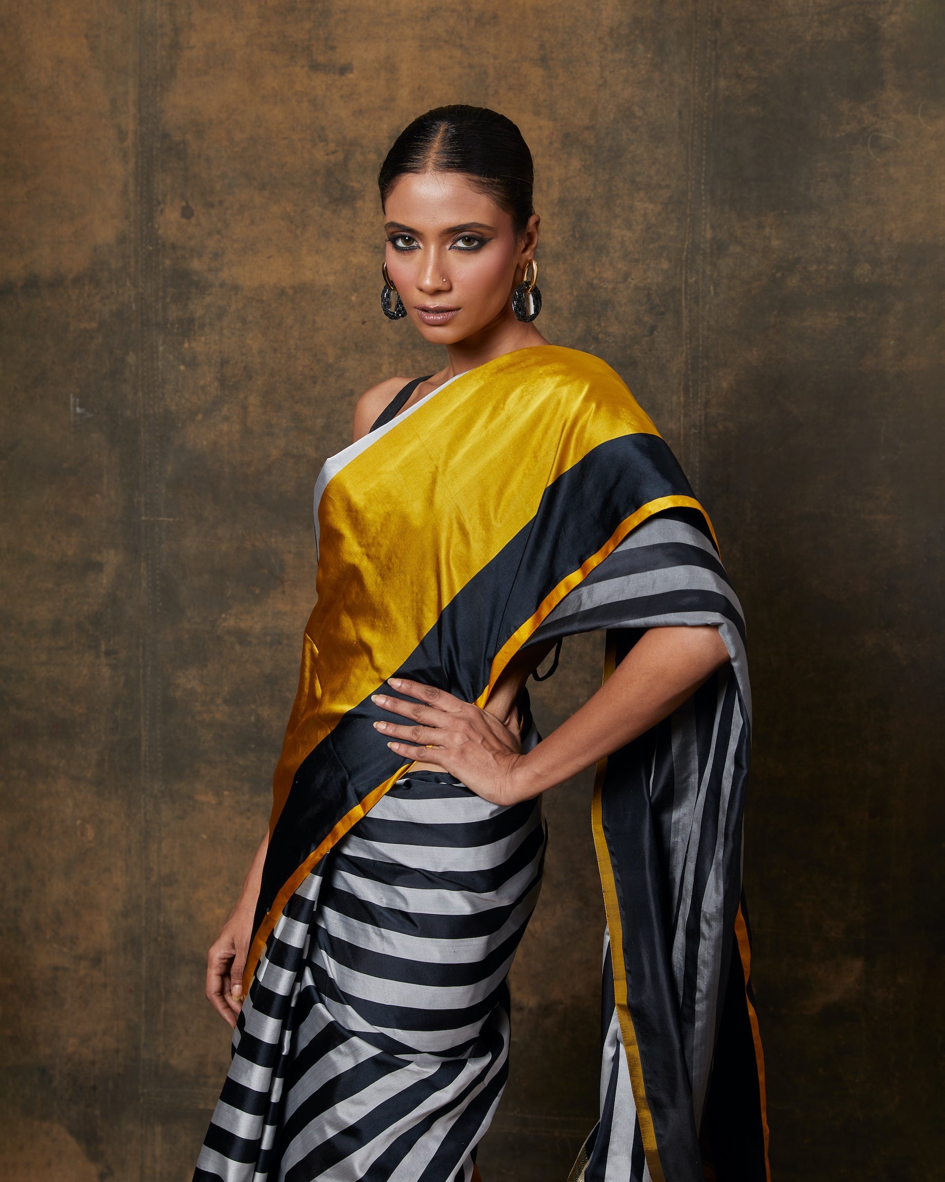 Black & White Stripe Banarasi Mashru Silk Saree