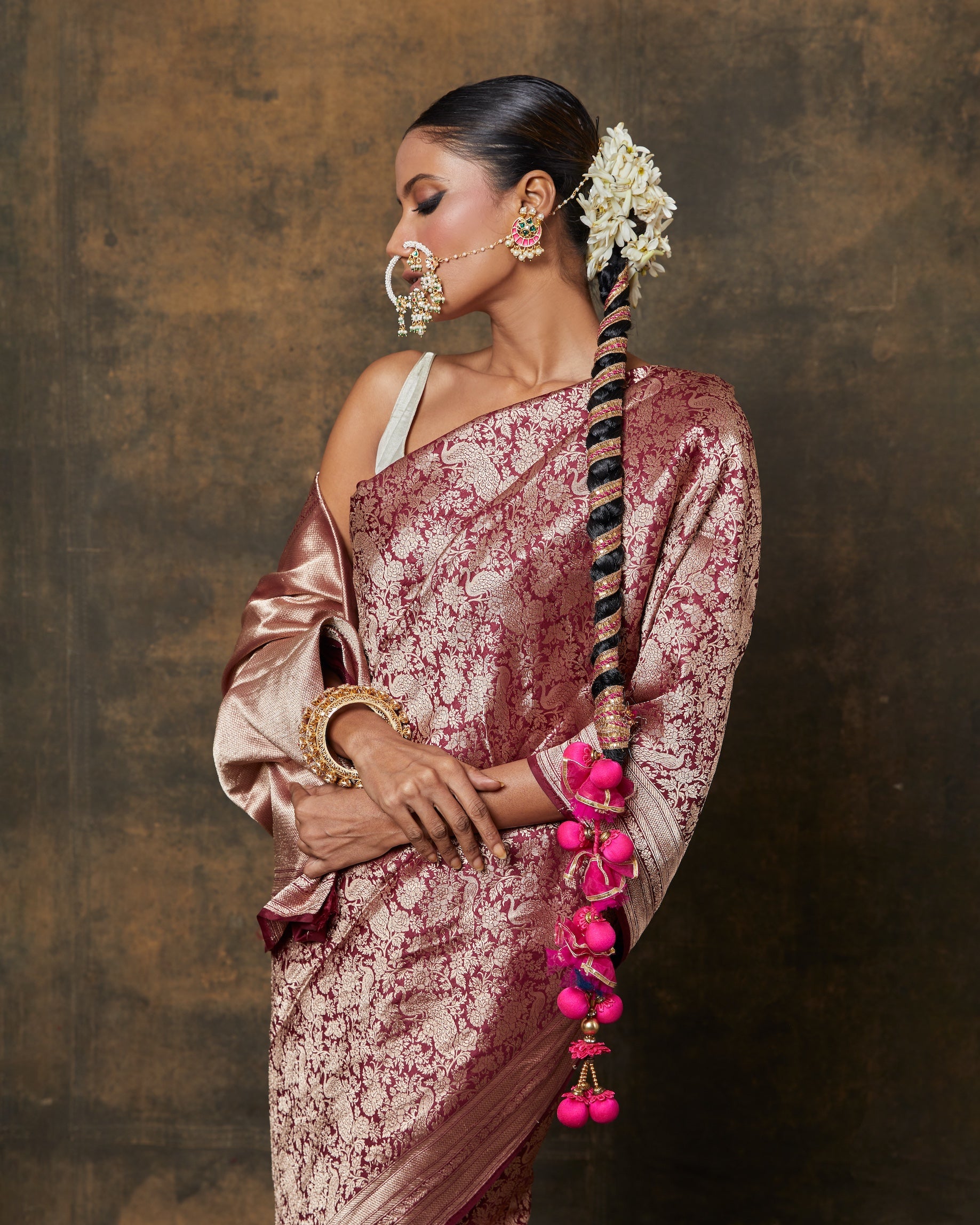 Dark Maroon Peacock Shikargah Banarasi Silk Saree