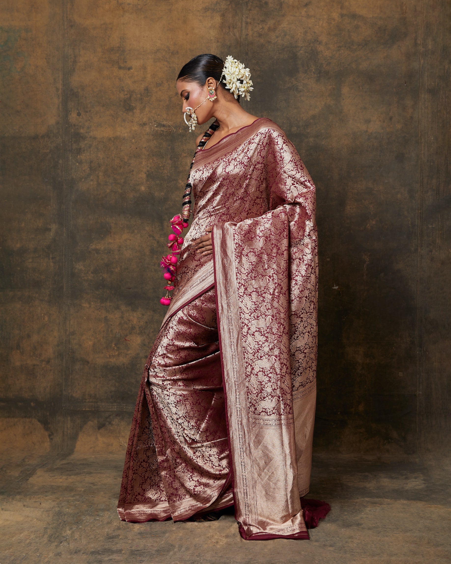 Dark Maroon Peacock Shikargah Banarasi Silk Saree
