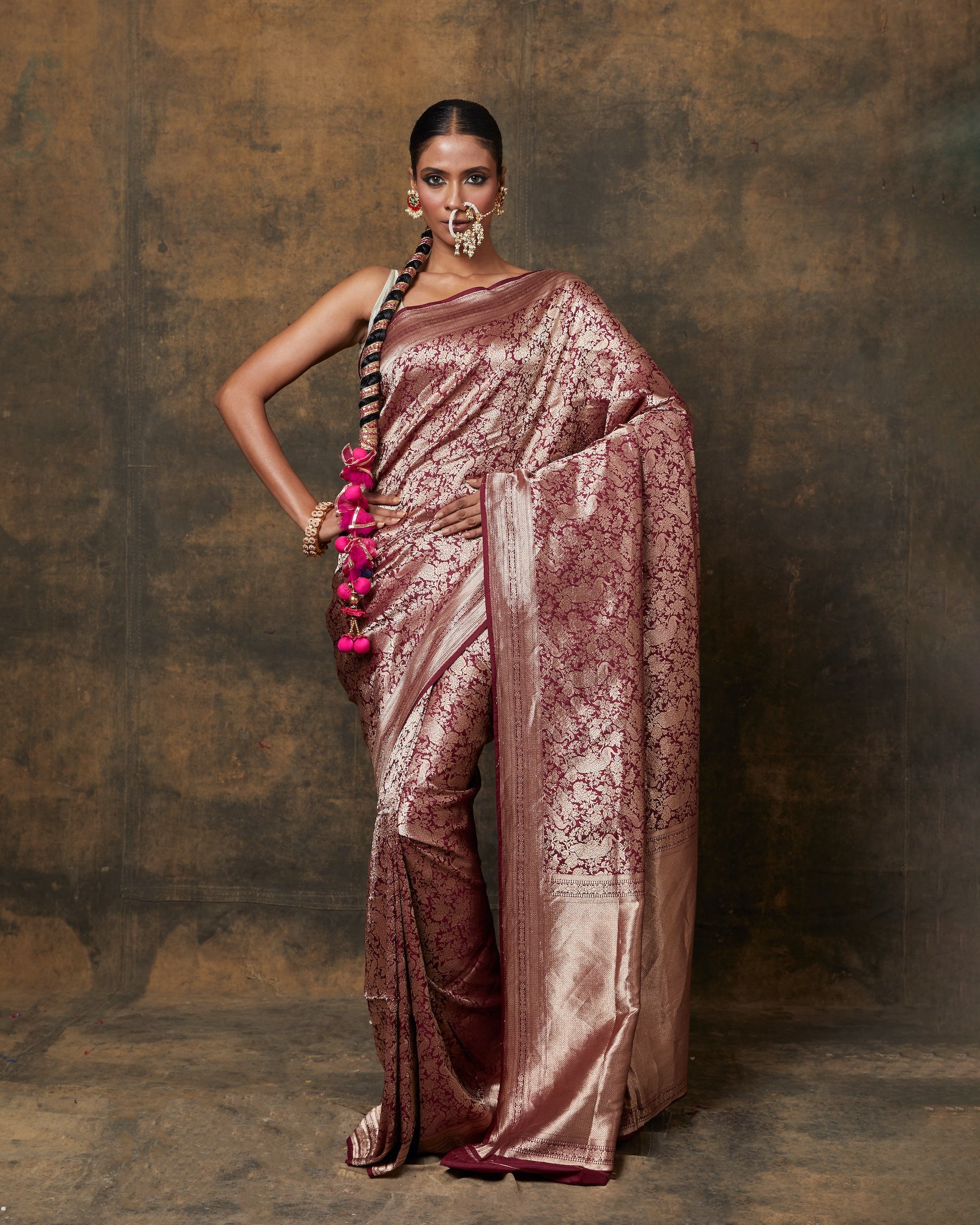 Dark Maroon Peacock Shikargah Banarasi Silk Saree