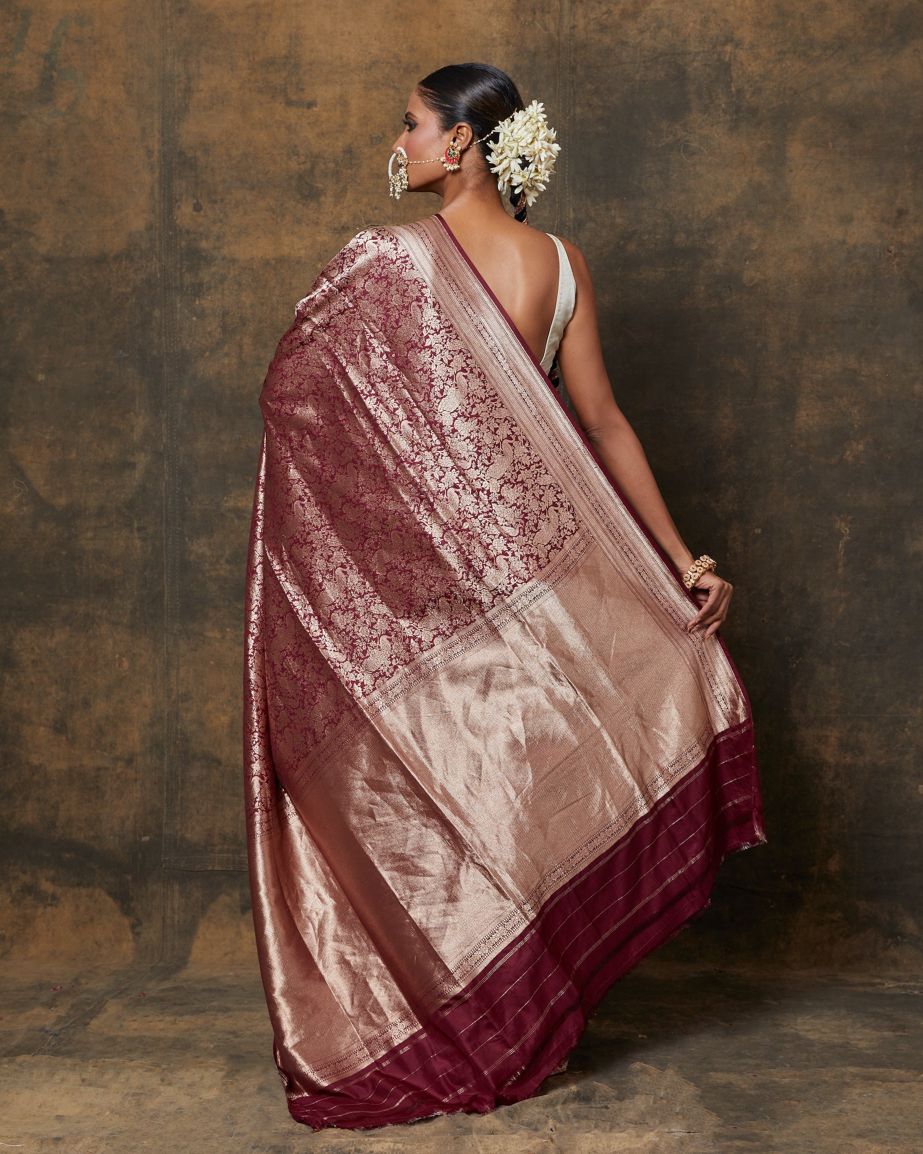 Dark Maroon Peacock Shikargah Banarasi Silk Saree