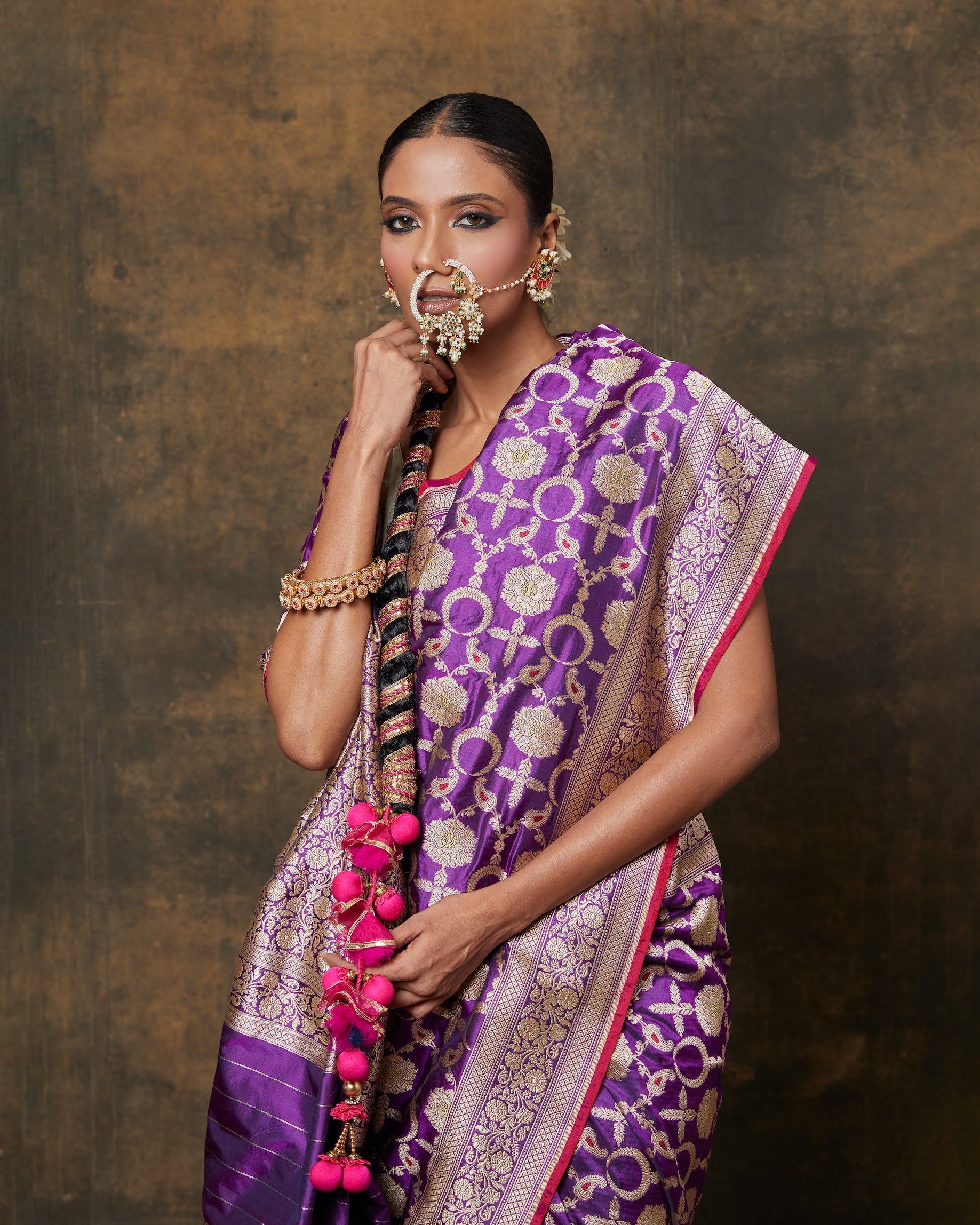 Purple Banarasi Silk Saree with running Heavy Jaal Blouse