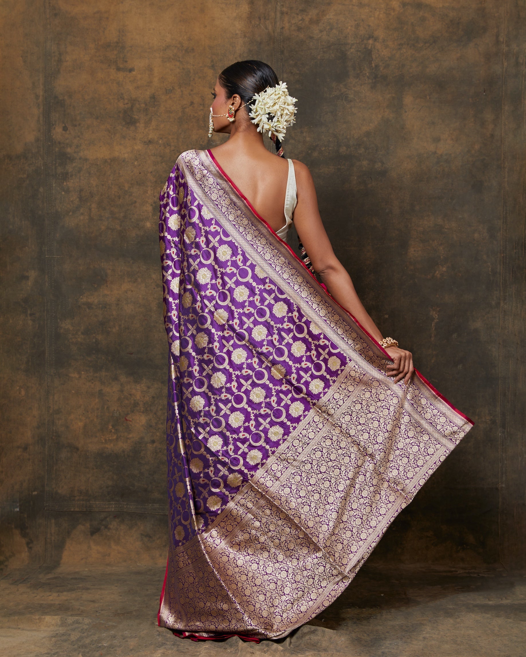 Purple Banarasi Silk Saree with running Heavy Jaal Blouse