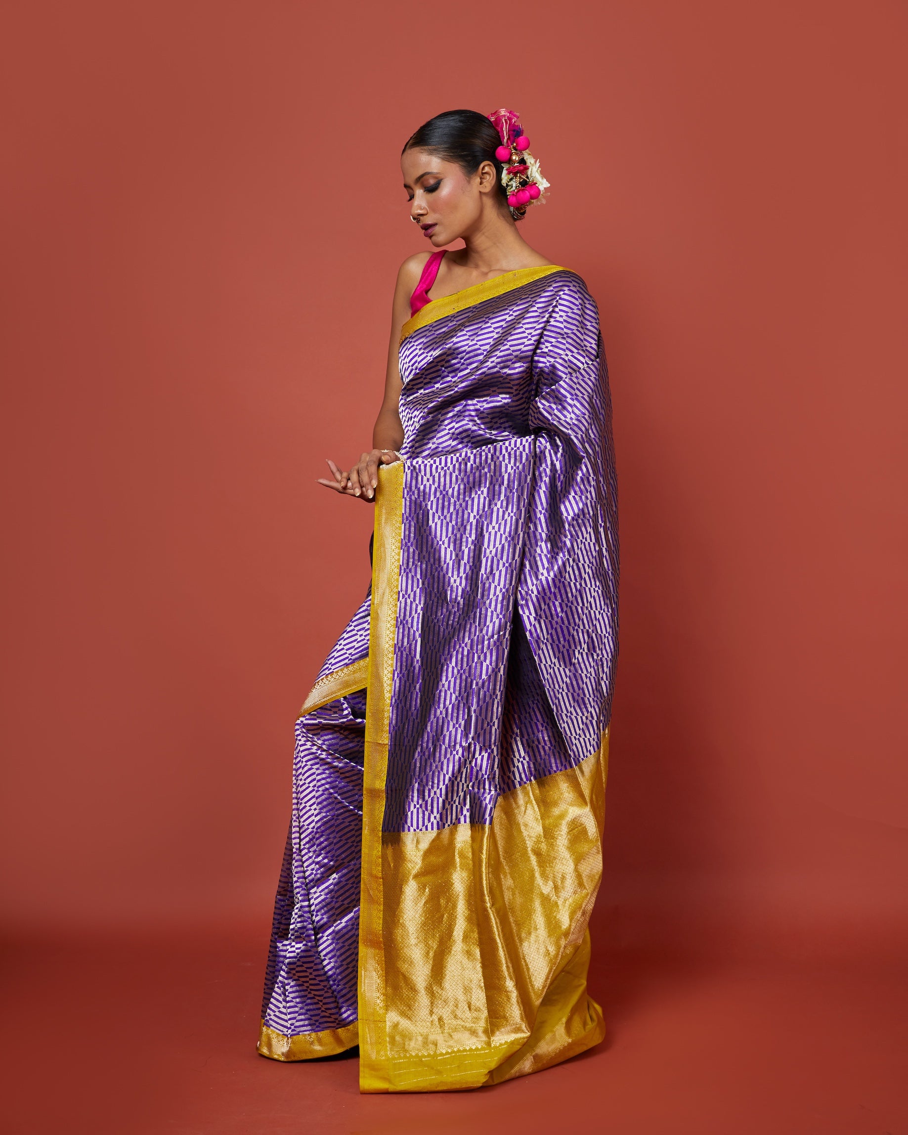Purple & Ochre Banarasi Silk Saree