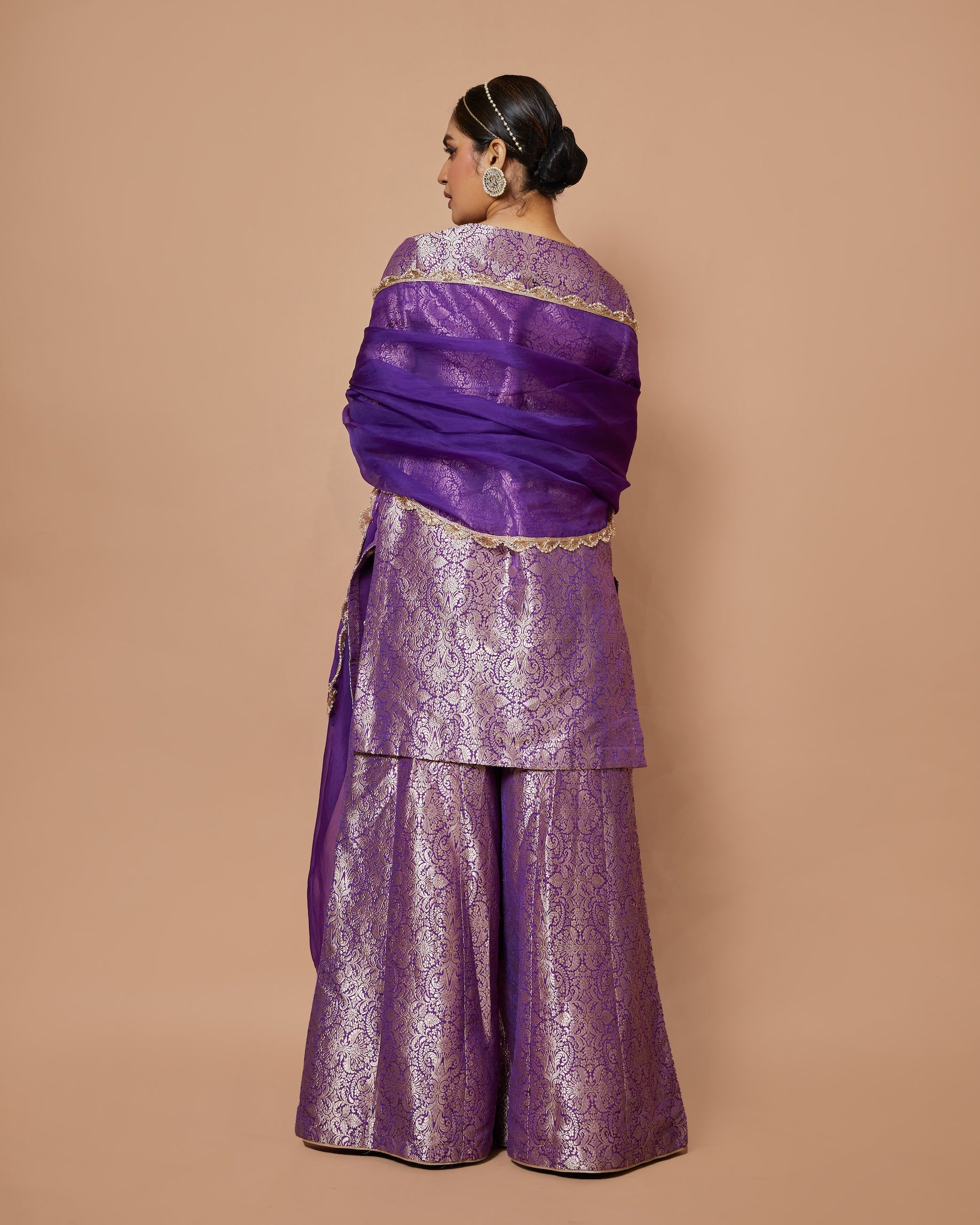 Banarasi Silk Short Kurta with Sharara & Organza Dupatta