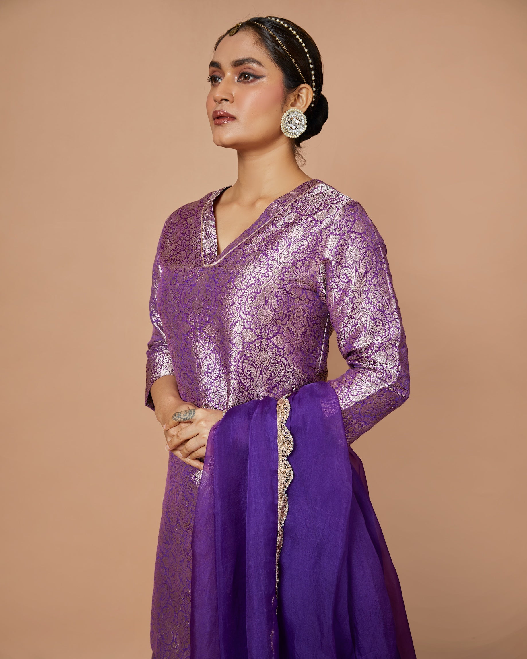 Banarasi Silk Short Kurta with Sharara & Organza Dupatta
