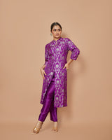 Purple Banarasi Silk Long Jacket Kurta with Raw Silk Pants