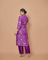Purple Banarasi Silk Long Jacket Kurta with Raw Silk Pants