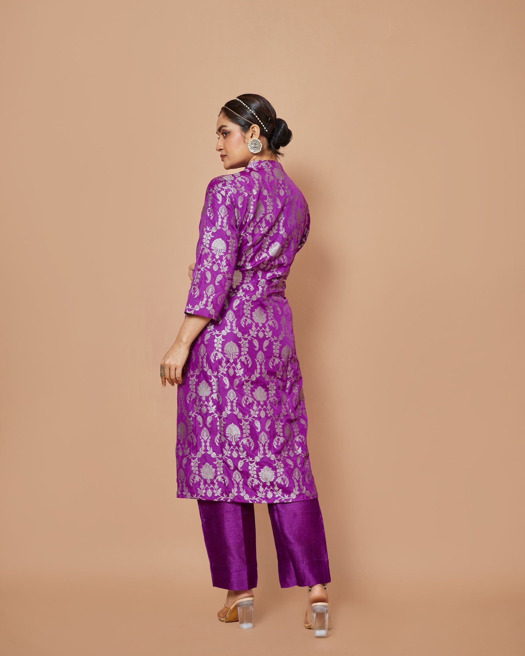 Purple Banarasi Silk Long Jacket Kurta with Raw Silk Pants