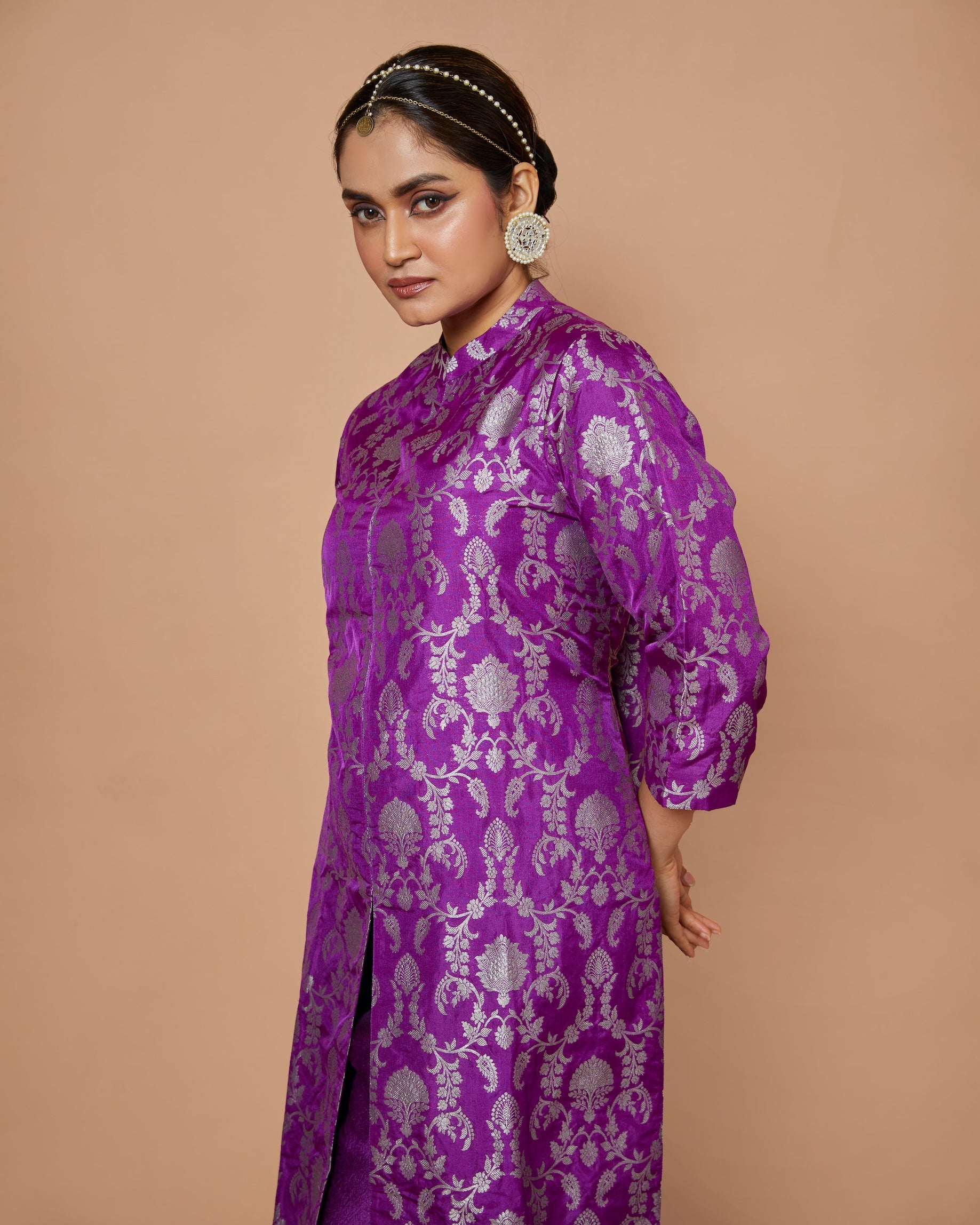 Purple Banarasi Silk Long Jacket Kurta with Raw Silk Pants