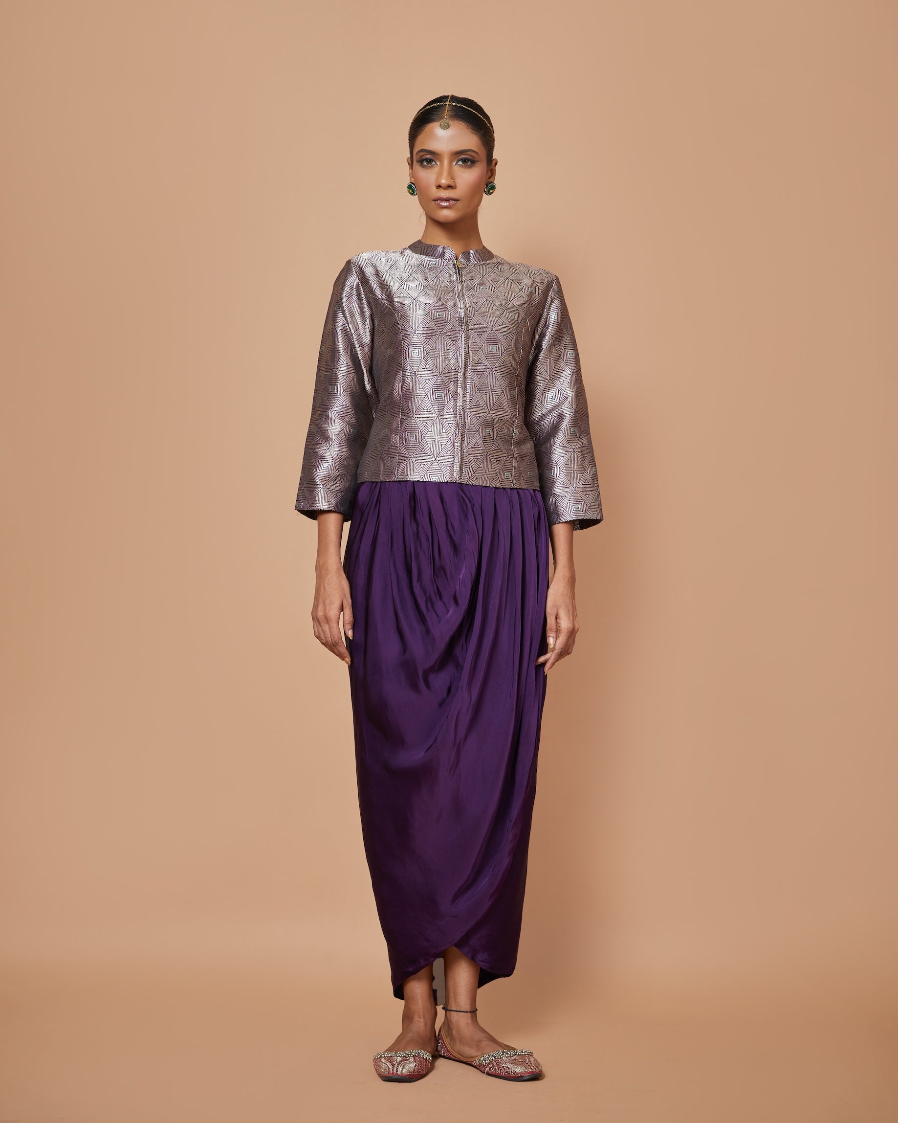 Zari Woven Silk Drape Skirt with Geometric Short Jacket