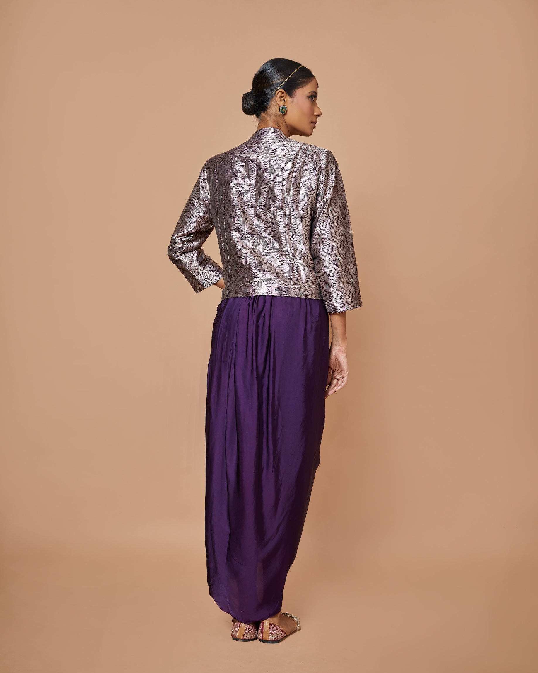 Zari Woven Silk Drape Skirt with Geometric Short Jacket
