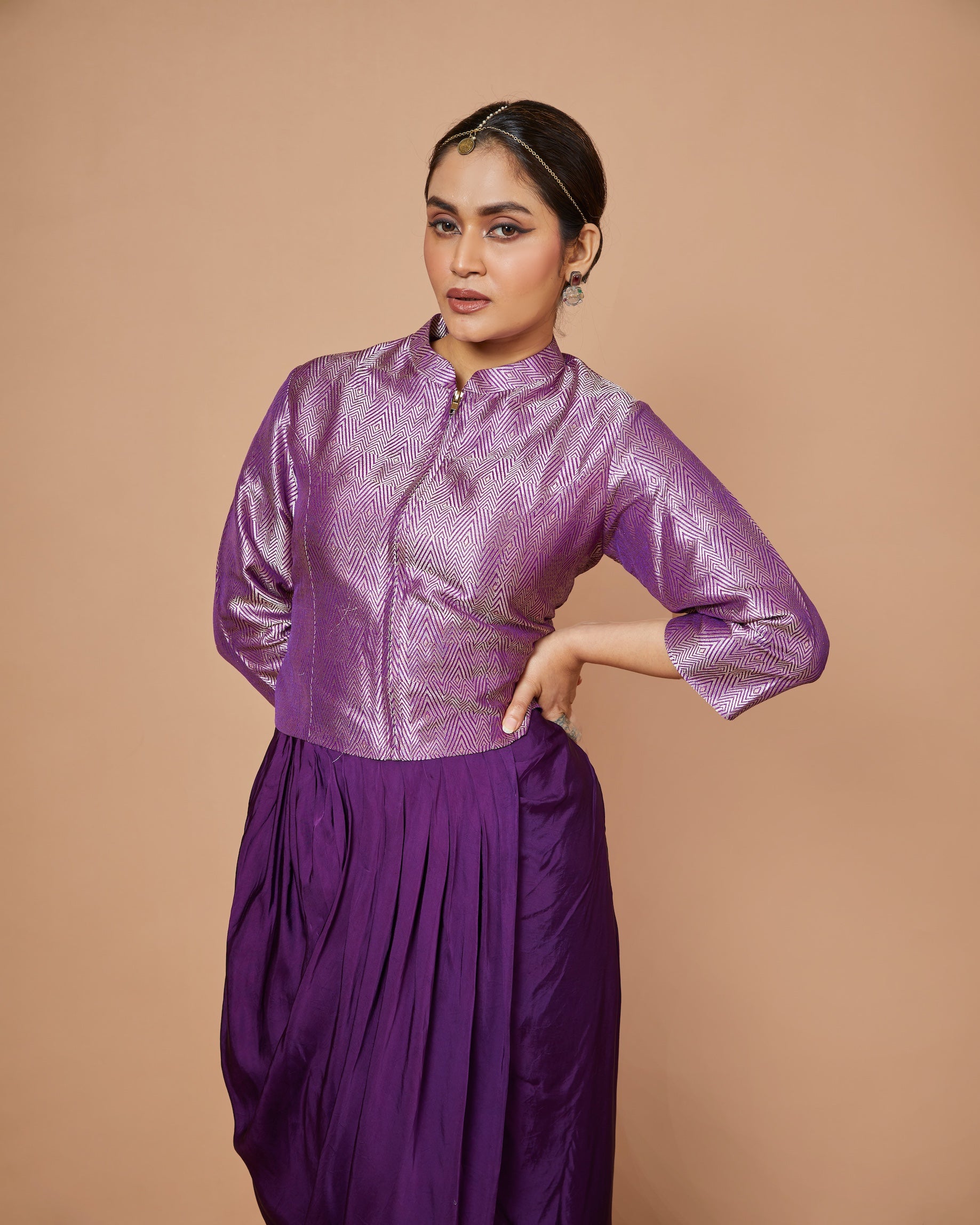 Purple Satin Drape Skirt with Silk Chevron Zari Jacket