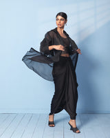 Brocade Corset Top with Satin Drape Skirt and Organza Jacket