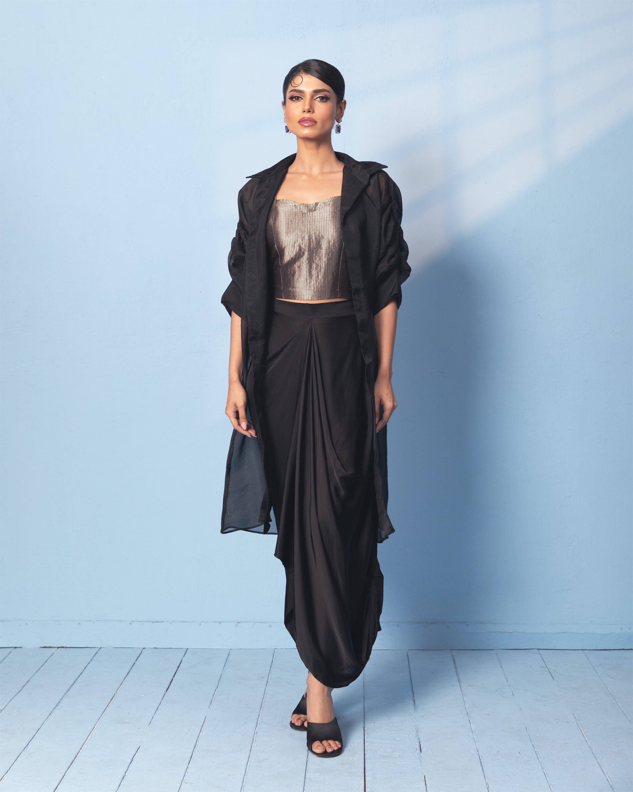 Brocade Corset Top with Satin Drape Skirt and Organza Jacket