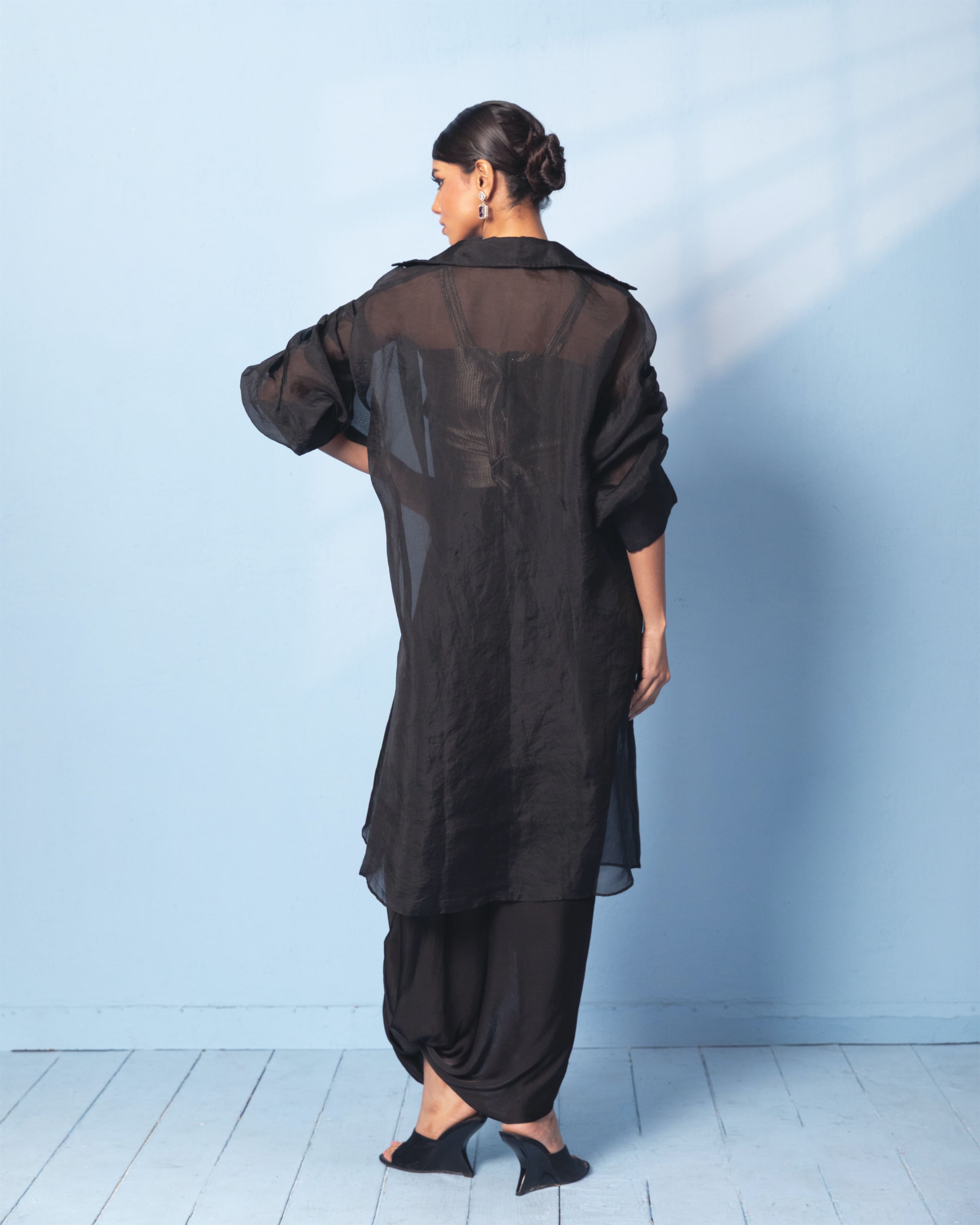 Brocade Corset Top with Satin Drape Skirt and Organza Jacket