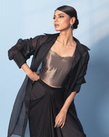 Brocade Corset Top with Satin Drape Skirt and Organza Jacket