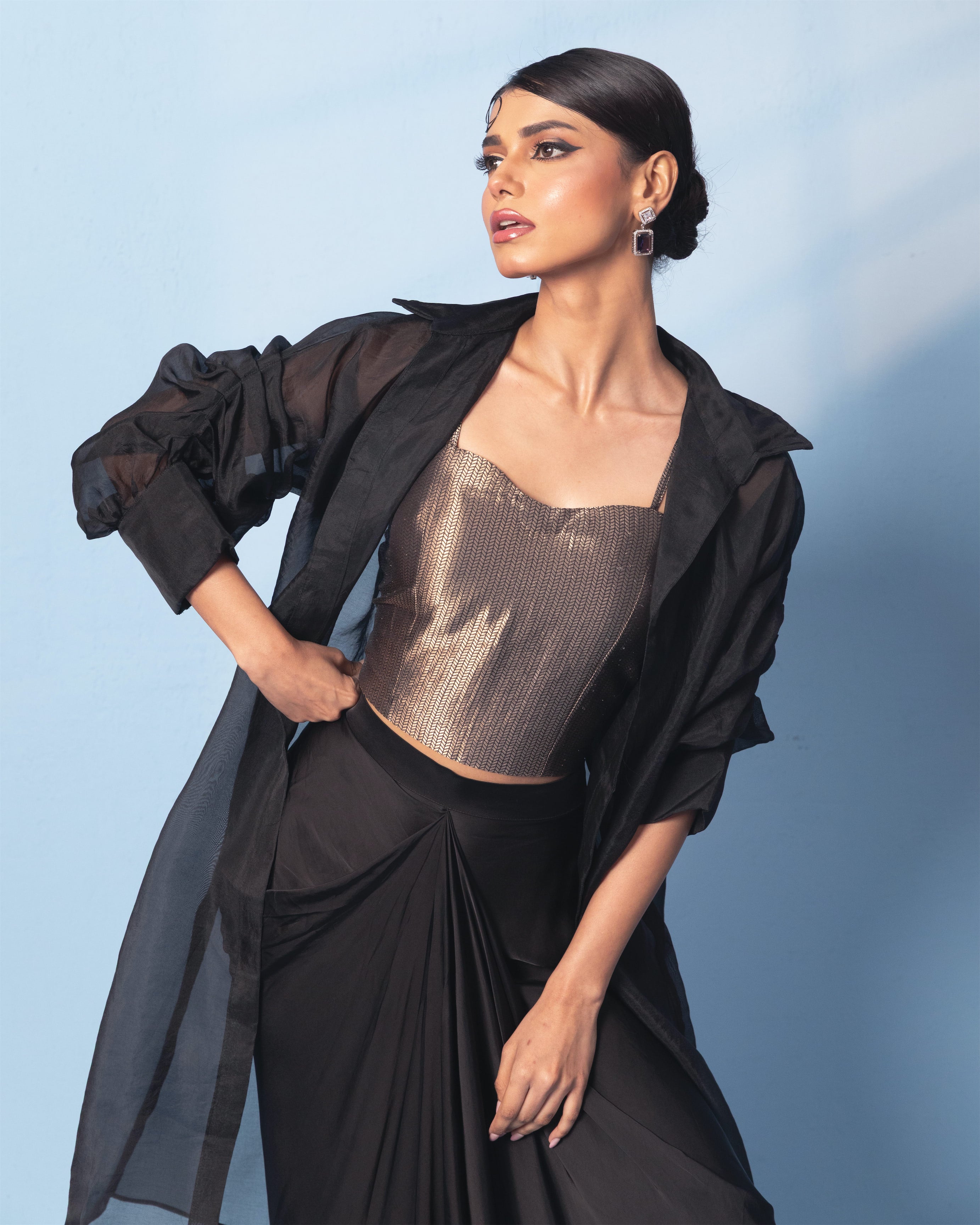 Brocade Corset Top with Satin Drape Skirt and Organza Jacket