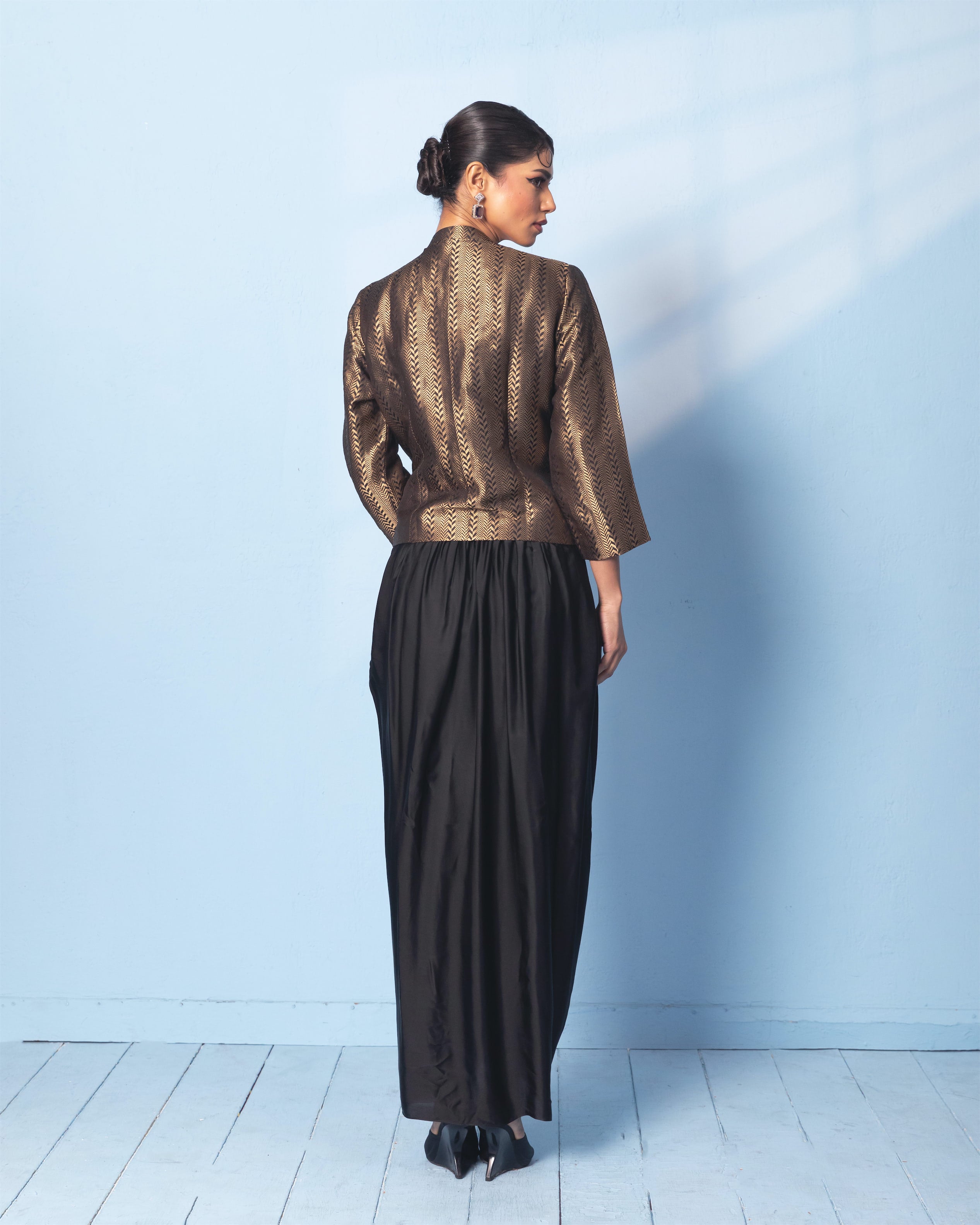Black Brocade Short Jacket with Satin Drape Skirt