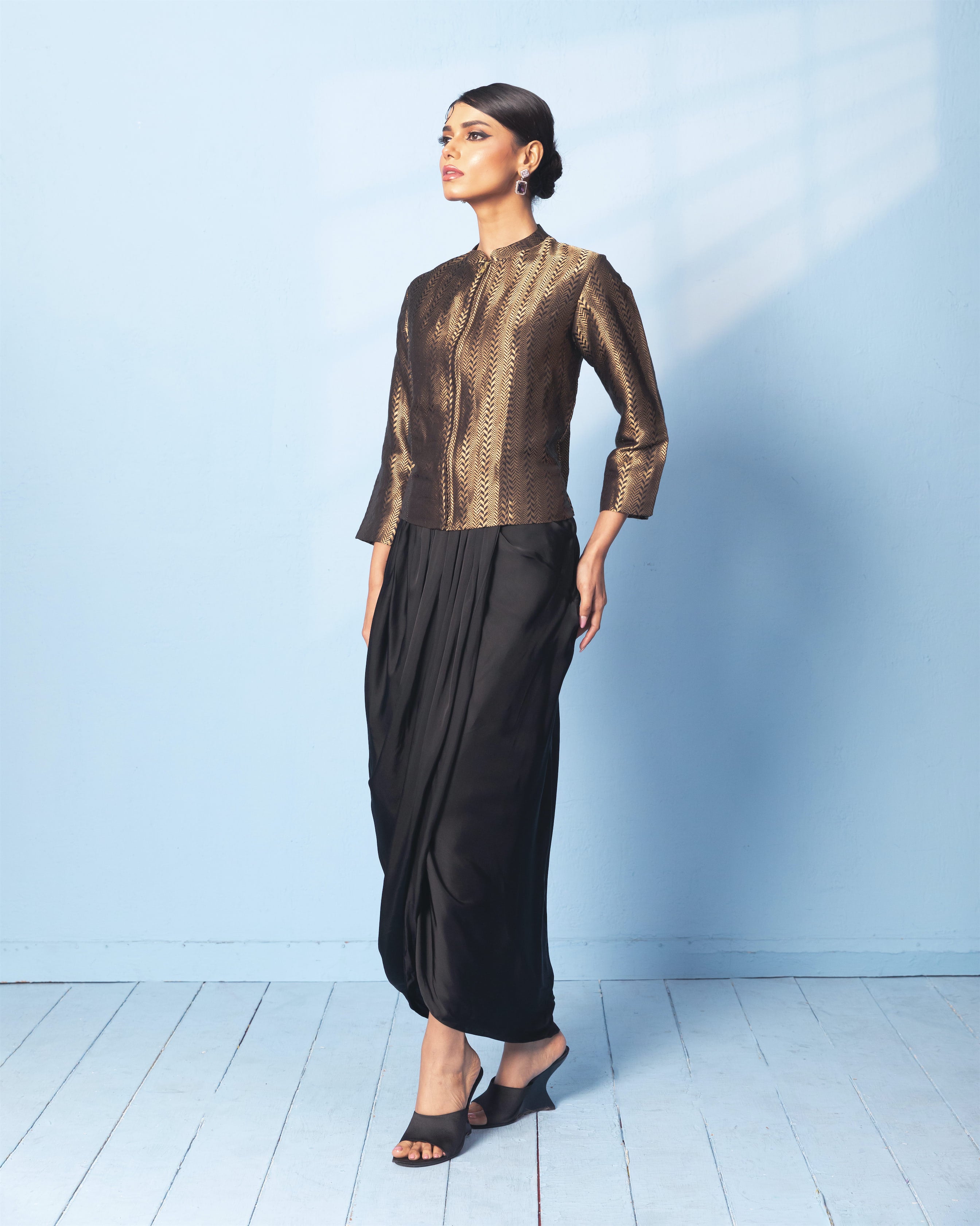 Black Brocade Short Jacket with Satin Drape Skirt