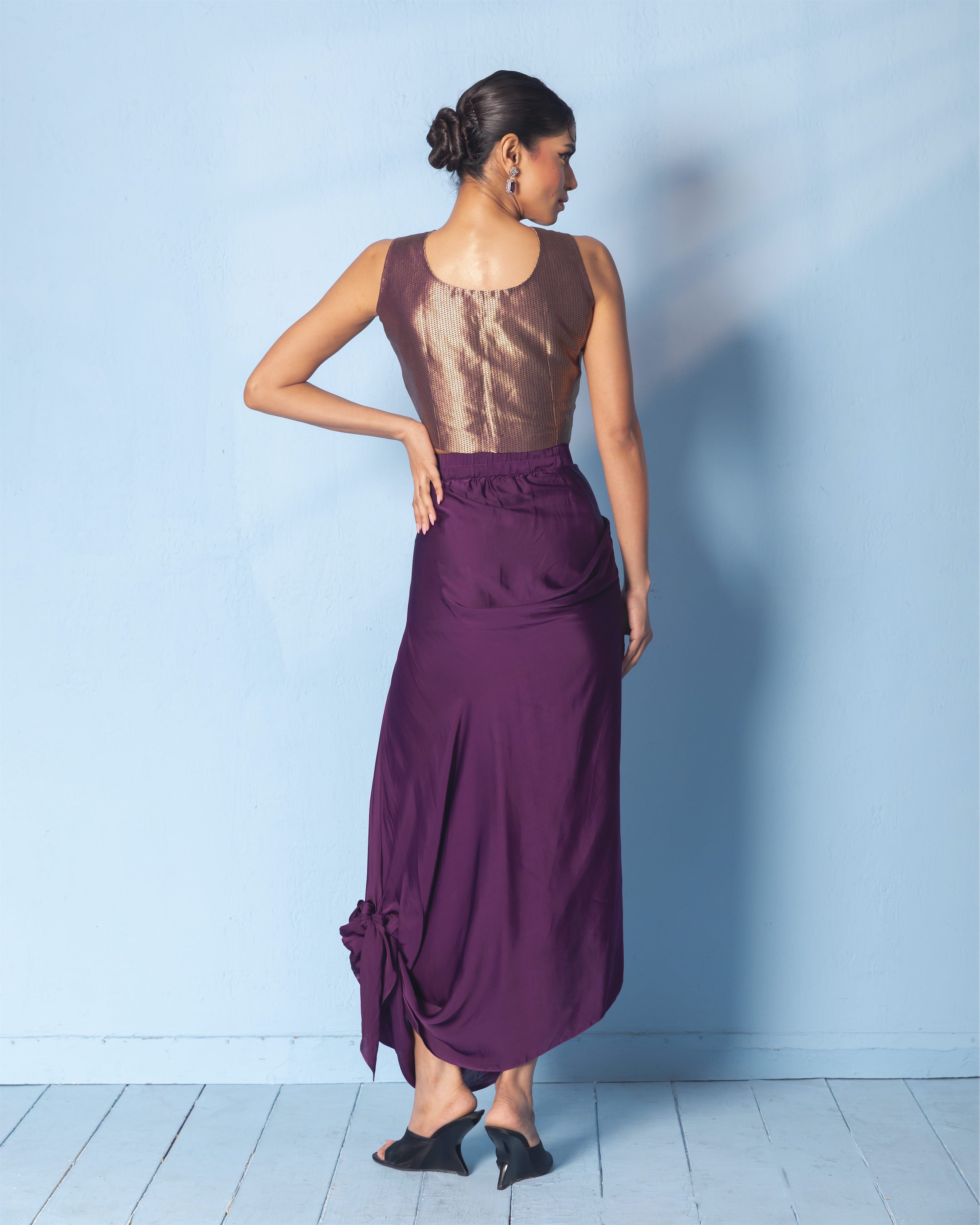 Brocade Corset Top with Satin Drape Skirt and Organza Jacket