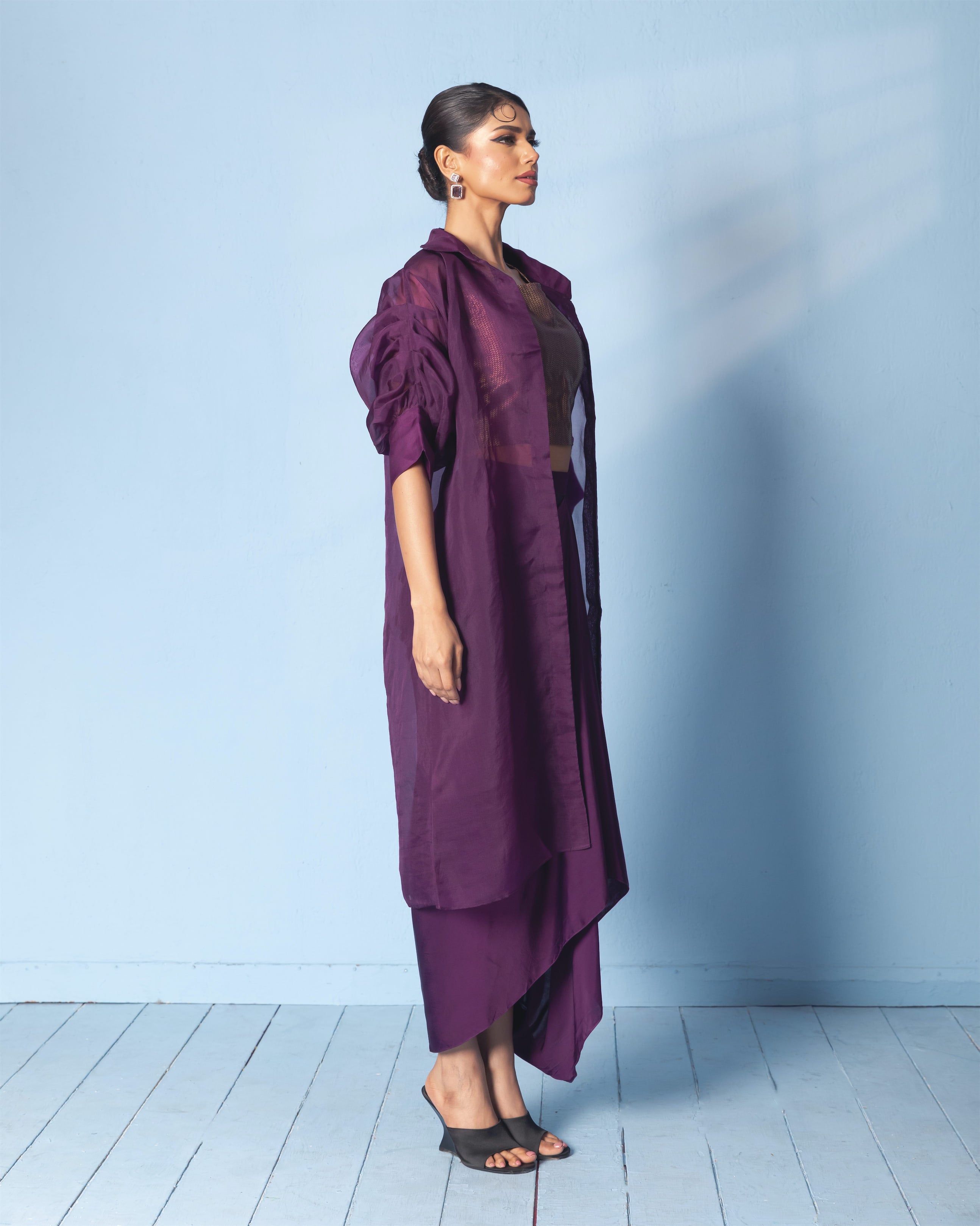 Brocade Corset Top with Satin Drape Skirt and Organza Jacket