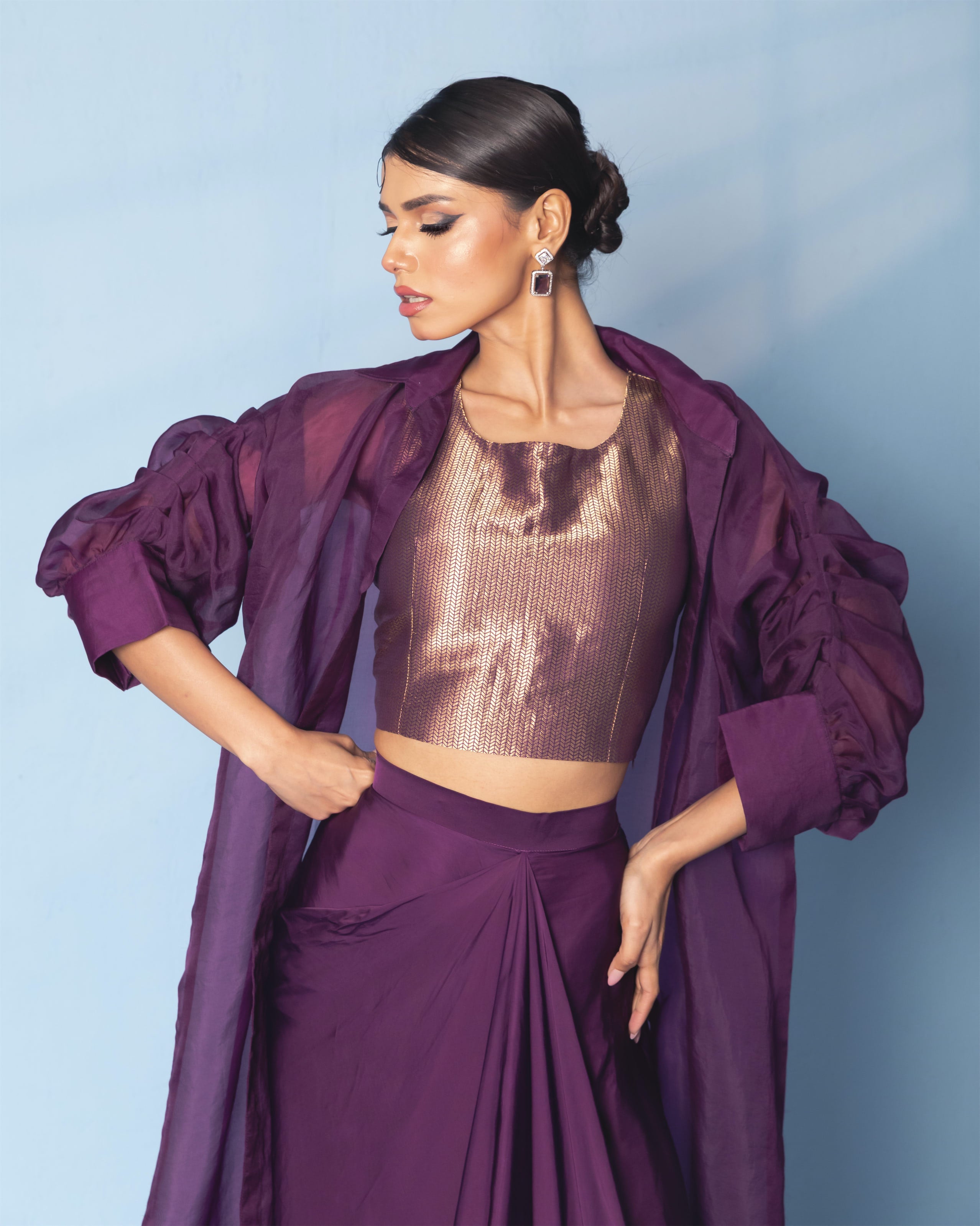 Brocade Corset Top with Satin Drape Skirt and Organza Jacket