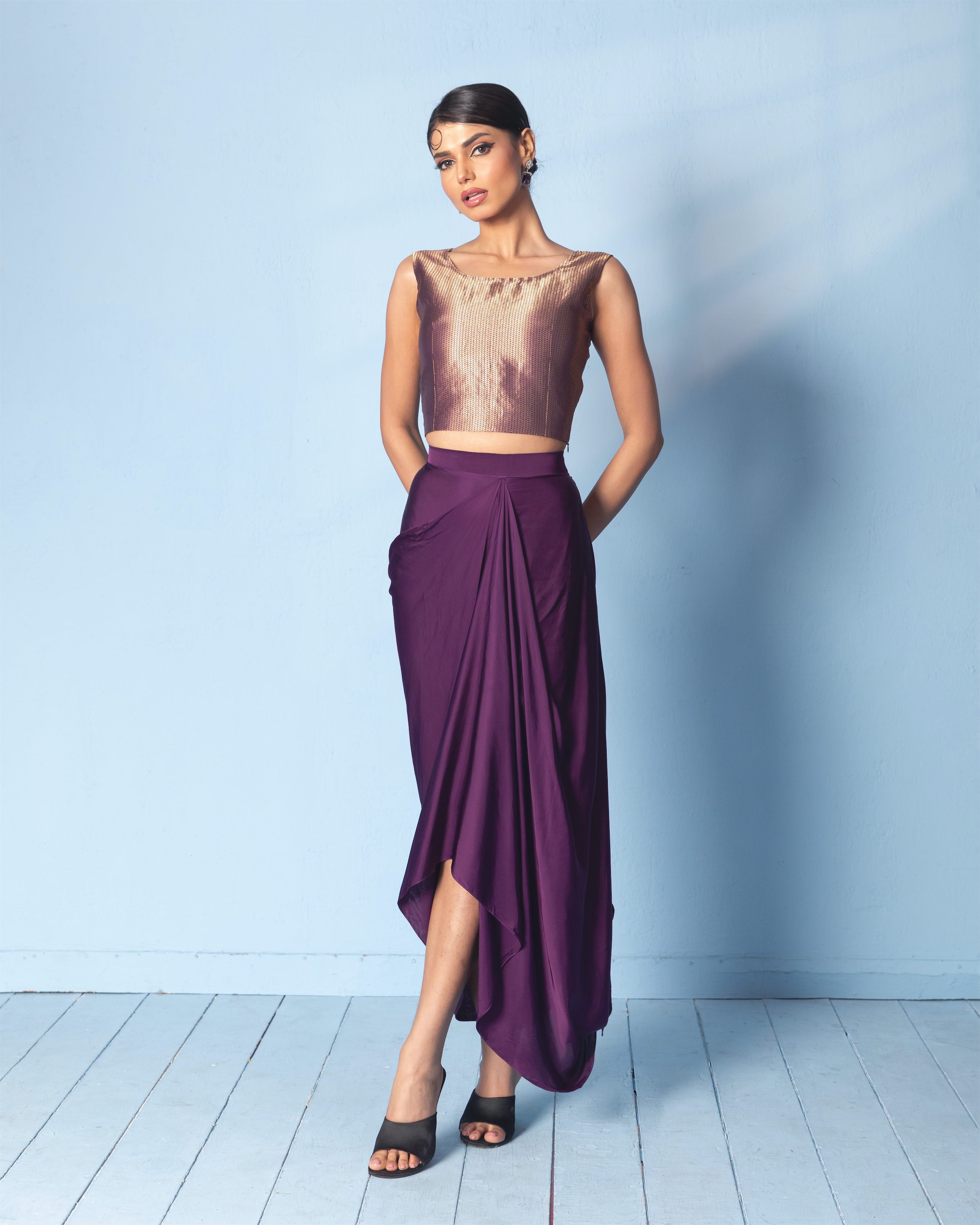 Brocade Corset Top with Satin Drape Skirt and Organza Jacket