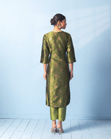 Olive Green Banarasi Tanchoi Kurta with Raw Silk Pant