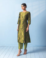 Olive Green Banarasi Tanchoi Kurta with Raw Silk Pant
