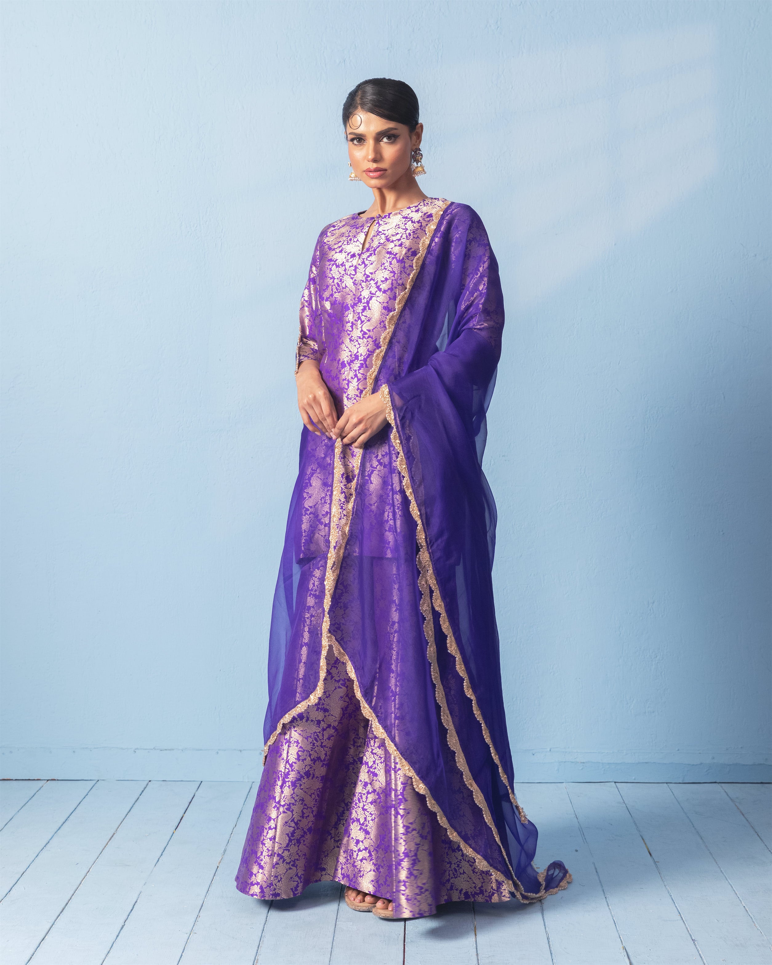 Purple Morbagh Kurta and Garara Set with Organza Scalloped Dupatta