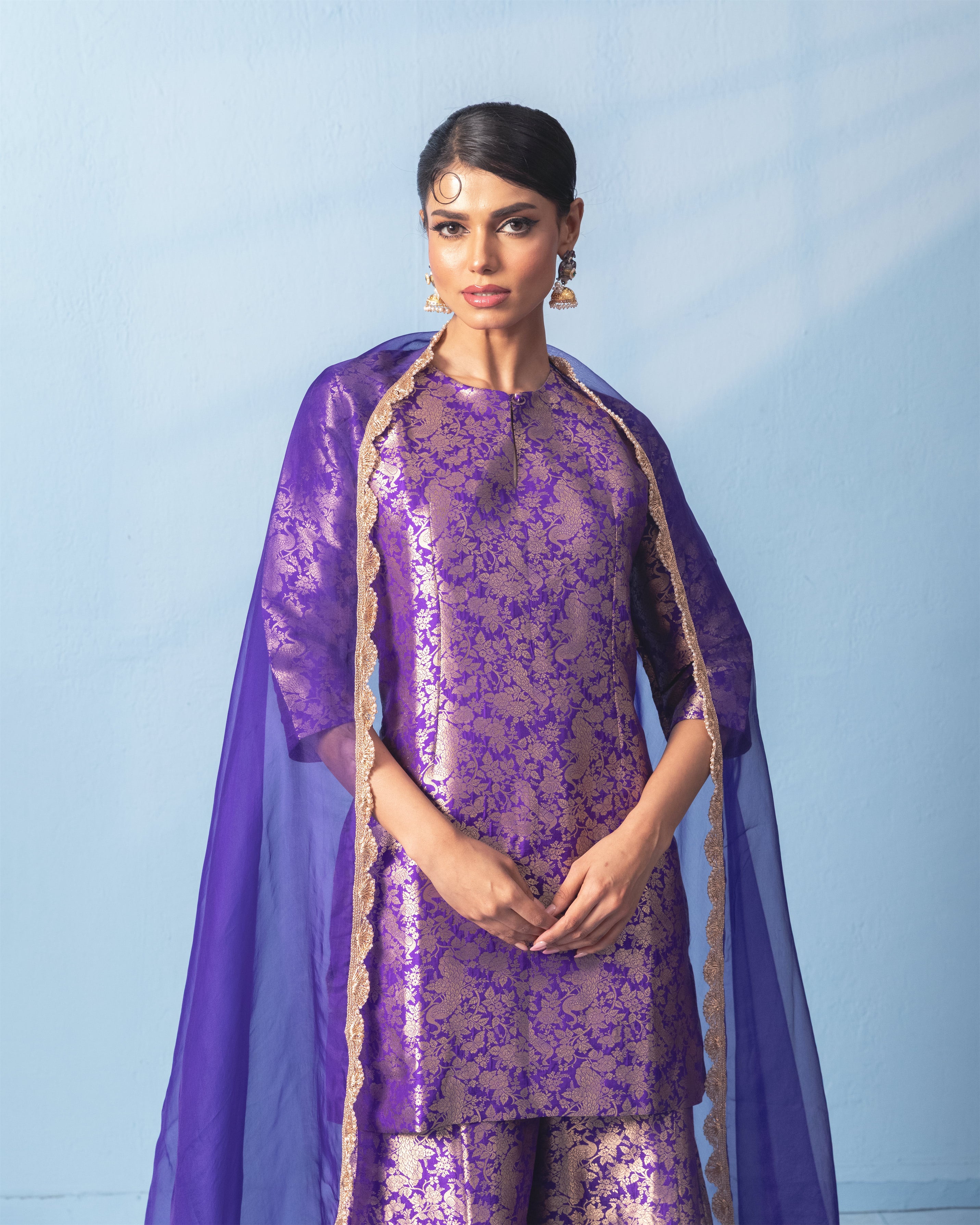 Purple Morbagh Kurta and Garara Set with Organza Scalloped Dupatta