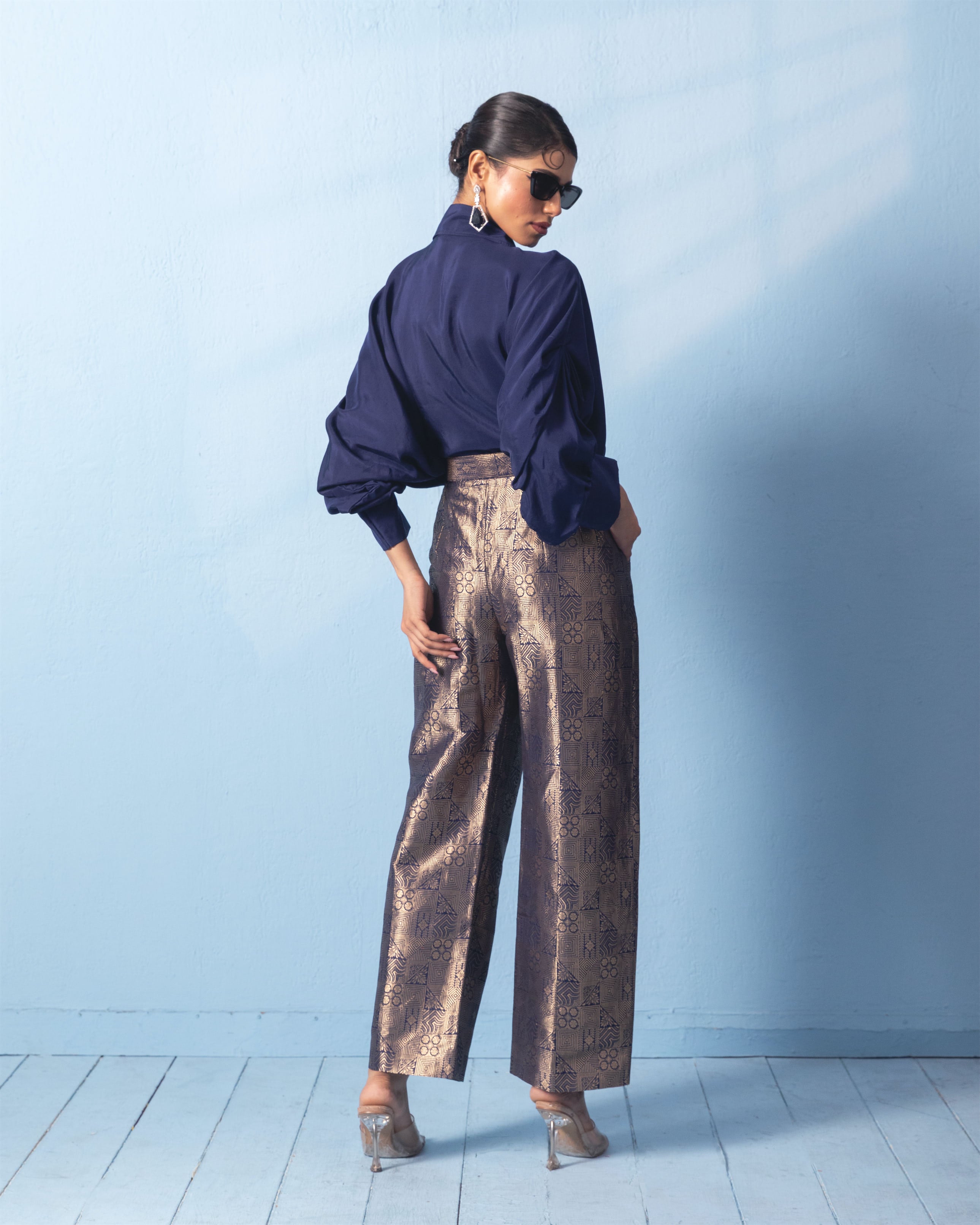 Navy Blue Brocade Trouser with Silk Shirt with Sleeve Detail
