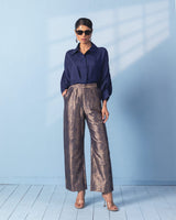 Navy Blue Brocade Trouser with Silk Shirt with Sleeve Detail