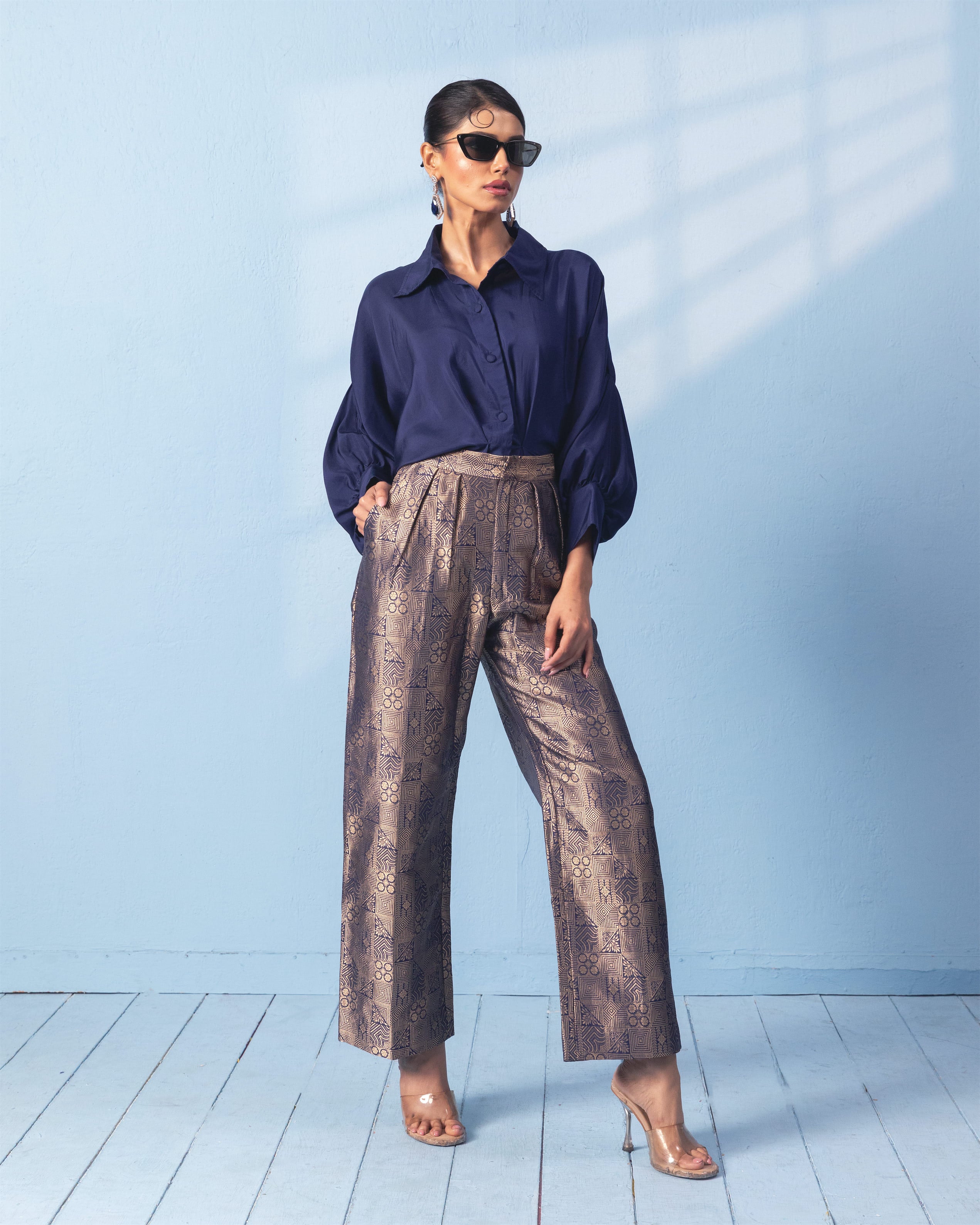 Navy Blue Brocade Trouser with Silk Shirt with Sleeve Detail