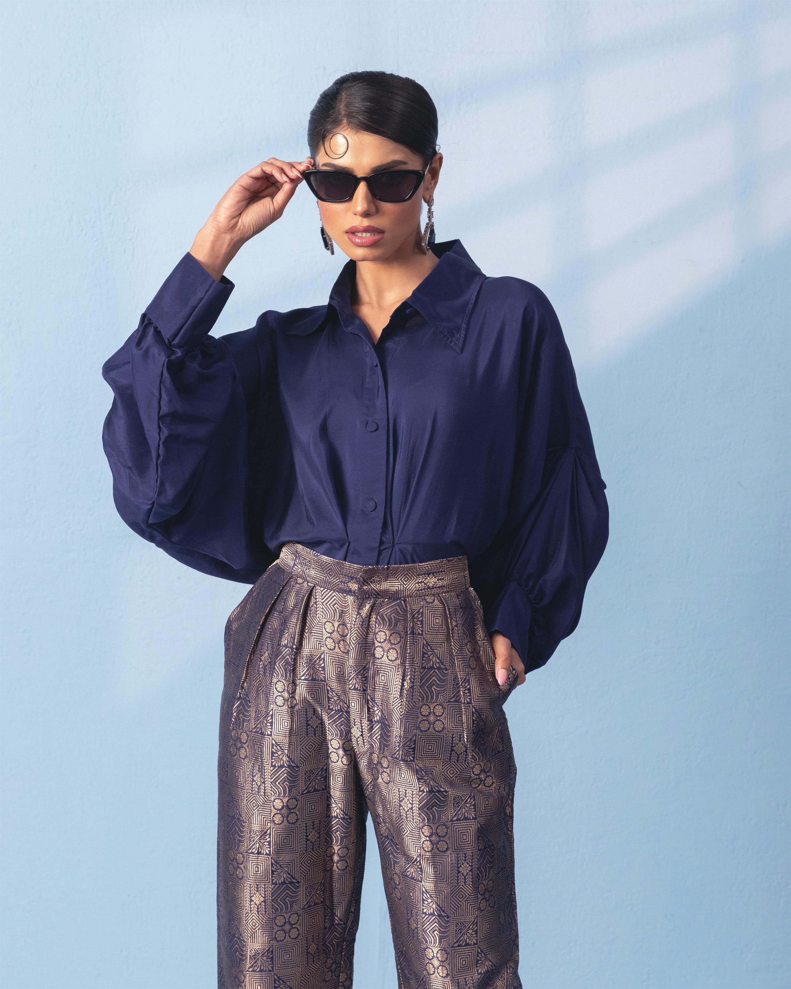 Navy Blue Brocade Trouser with Silk Shirt with Sleeve Detail