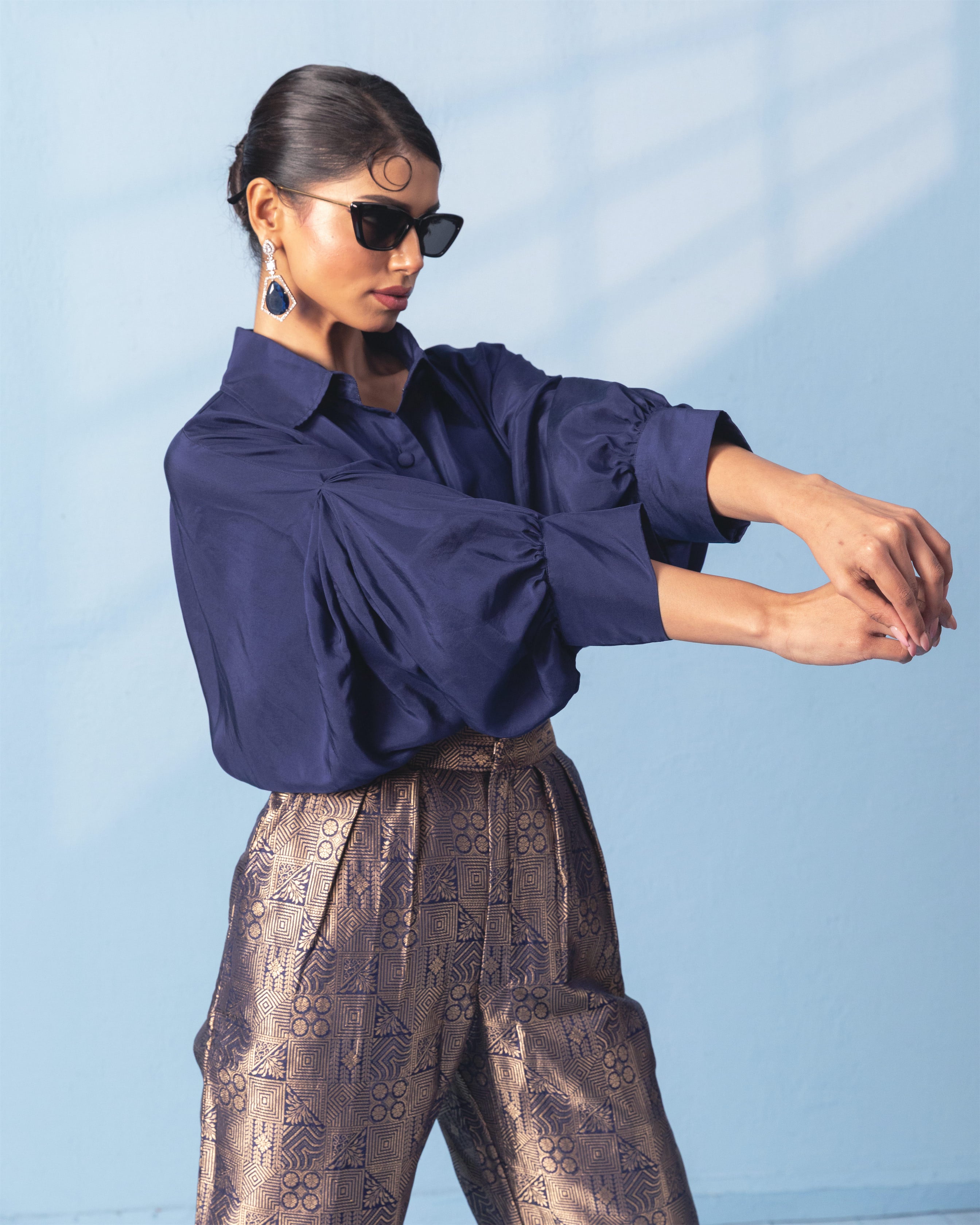 Navy Blue Brocade Trouser with Silk Shirt with Sleeve Detail