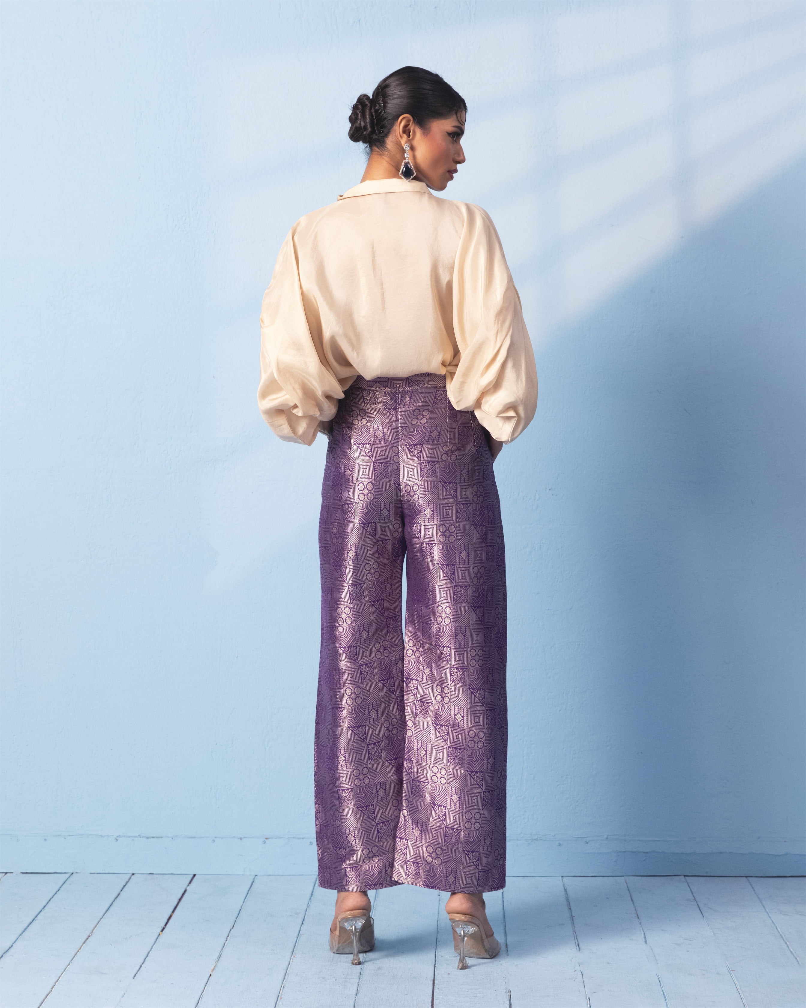 Purple Brocade Trouser with Ivory Shirt with Sleeve Detail