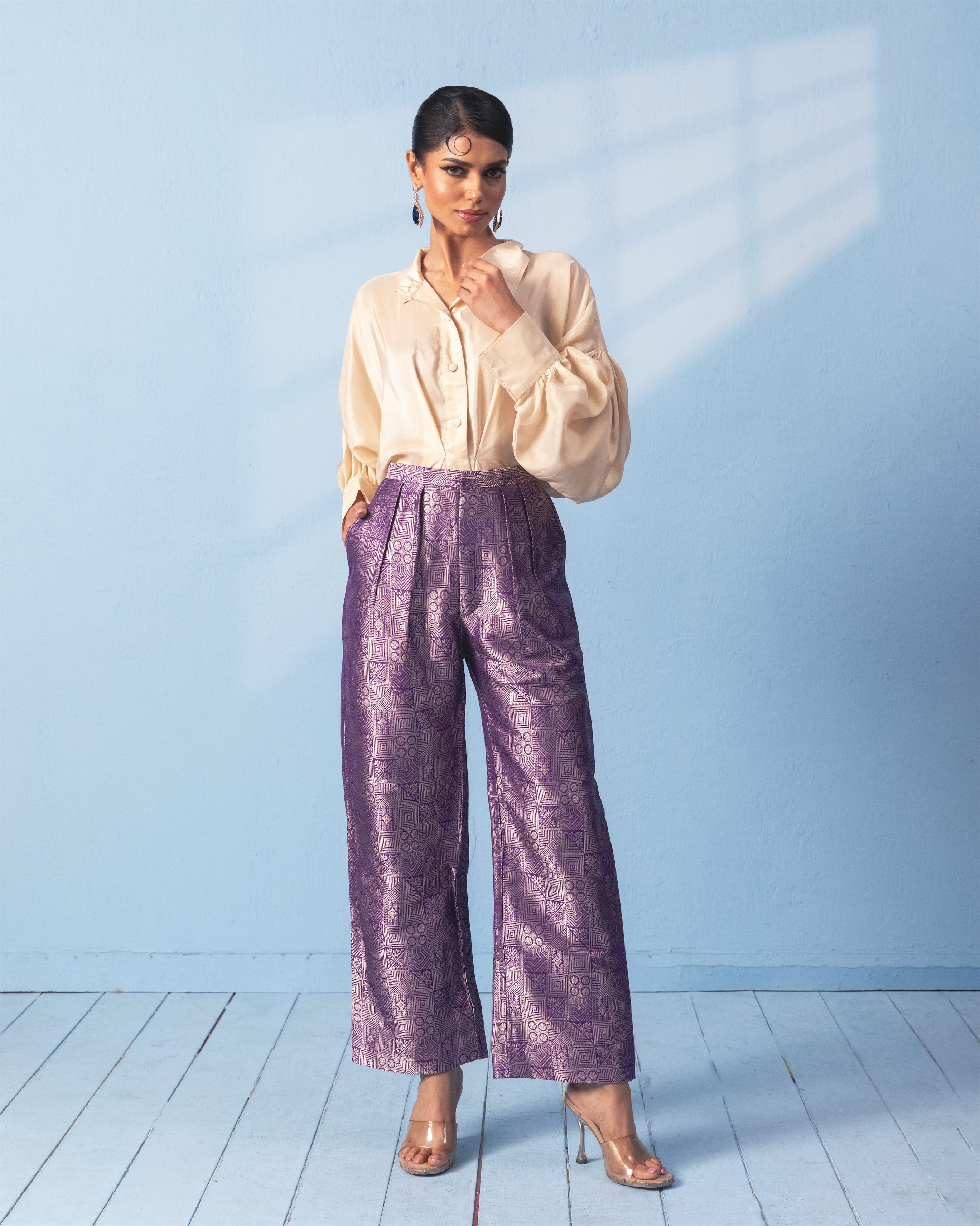 Purple Brocade Trouser with Ivory Shirt with Sleeve Detail