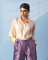 Purple Brocade Trouser with Ivory Shirt with Sleeve Detail