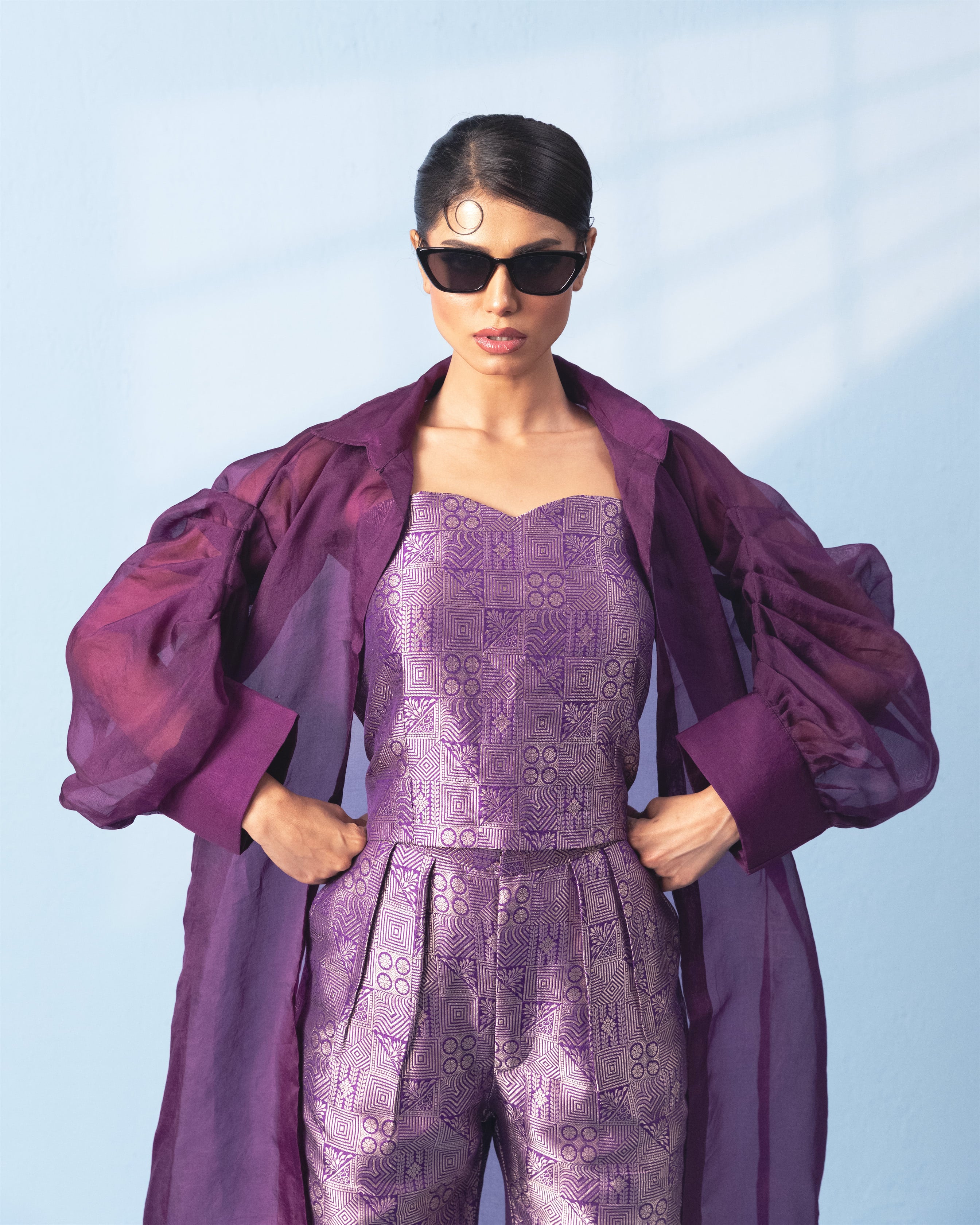 Purple Corset with Trouser and Sheer Organza Jacket