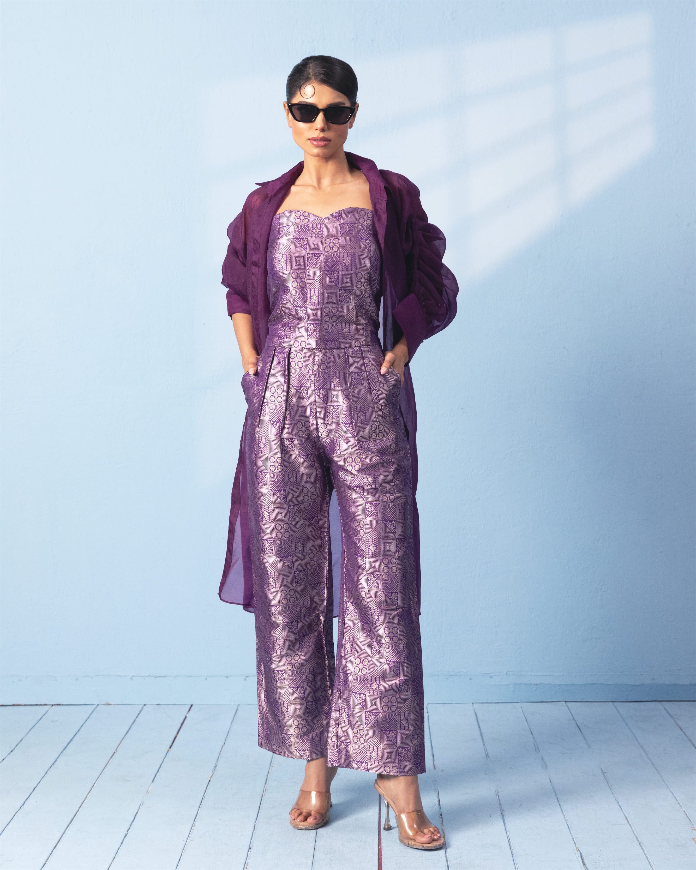 Purple Corset with Trouser and Sheer Organza Jacket