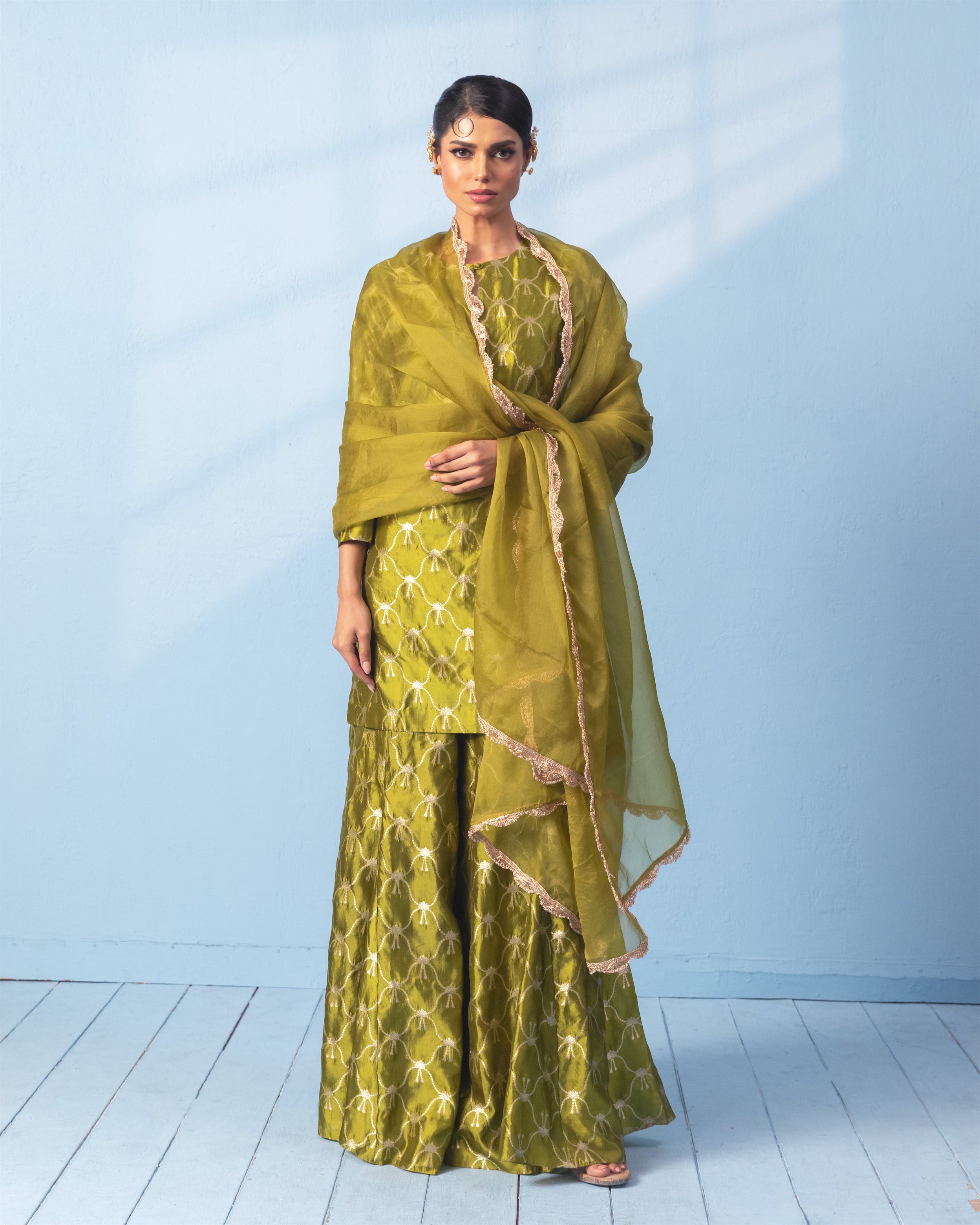 Green Sharara Set with Organza Dupatta