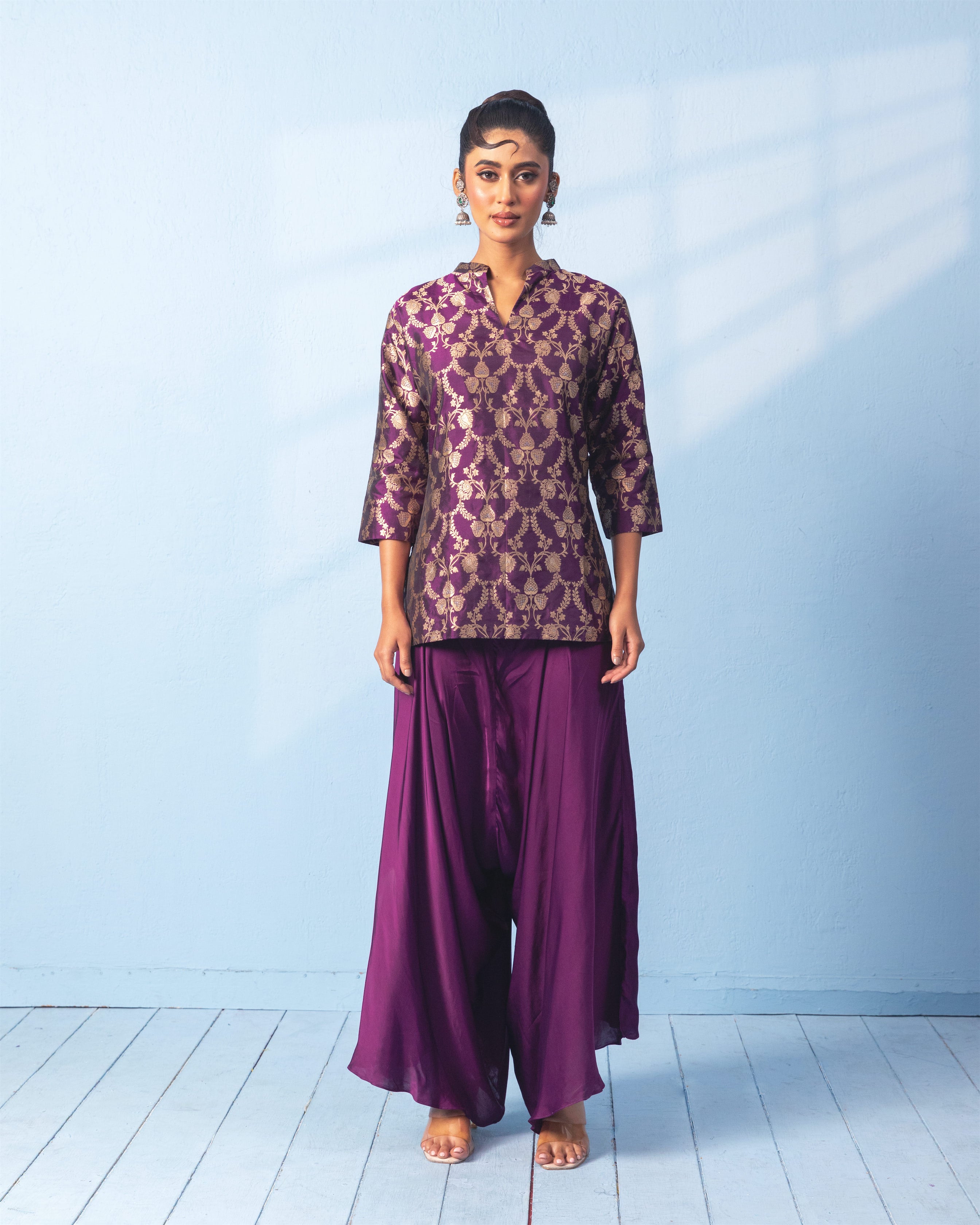 Purple Short Kurta with Satin Drape Pant Set