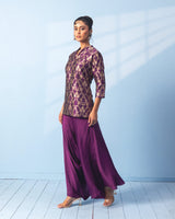 Purple Short Kurta with Satin Drape Pant Set