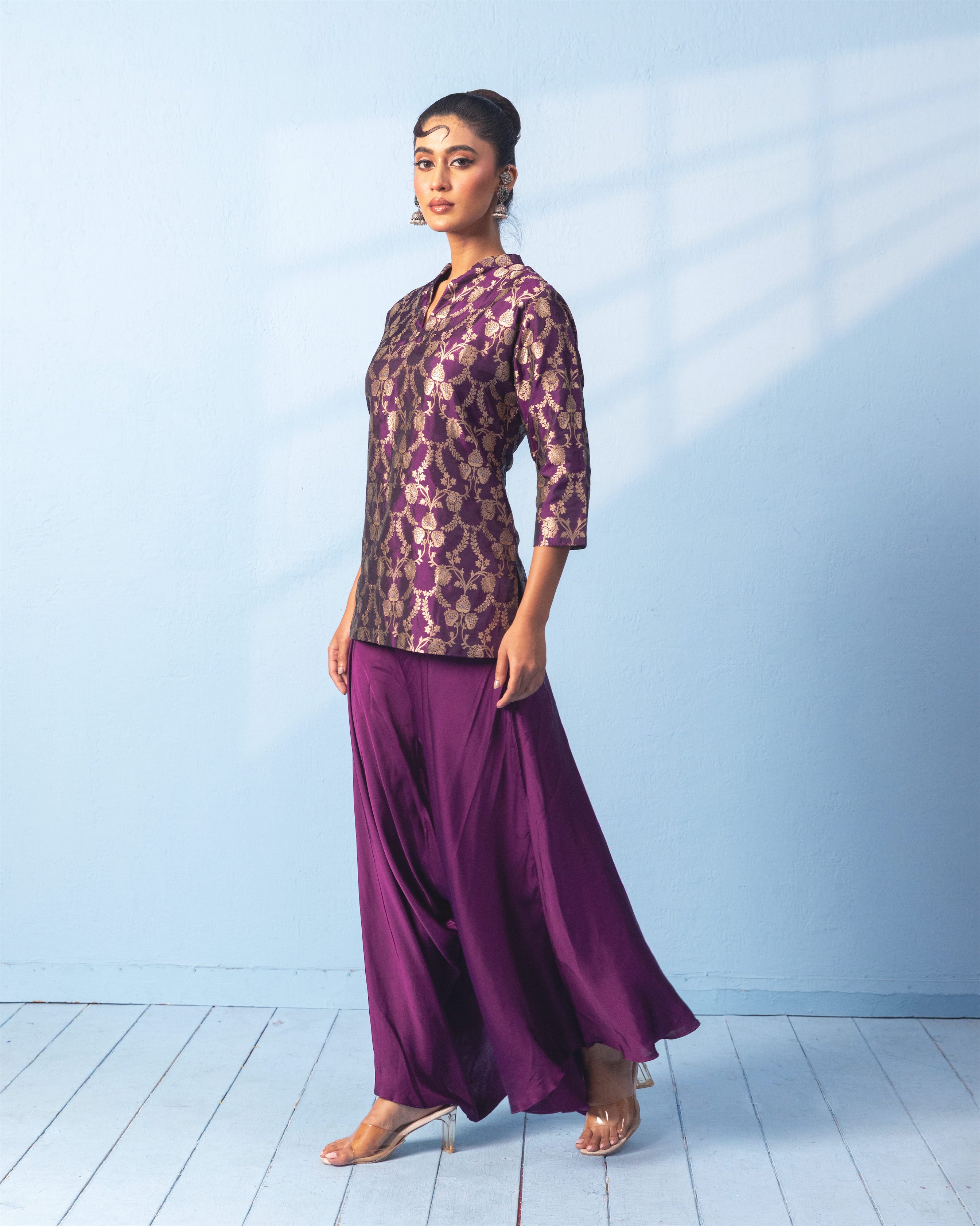 Purple Short Kurta with Satin Drape Pant Set