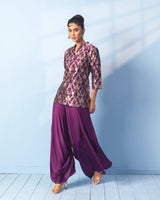 Purple Short Kurta with Satin Drape Pant Set