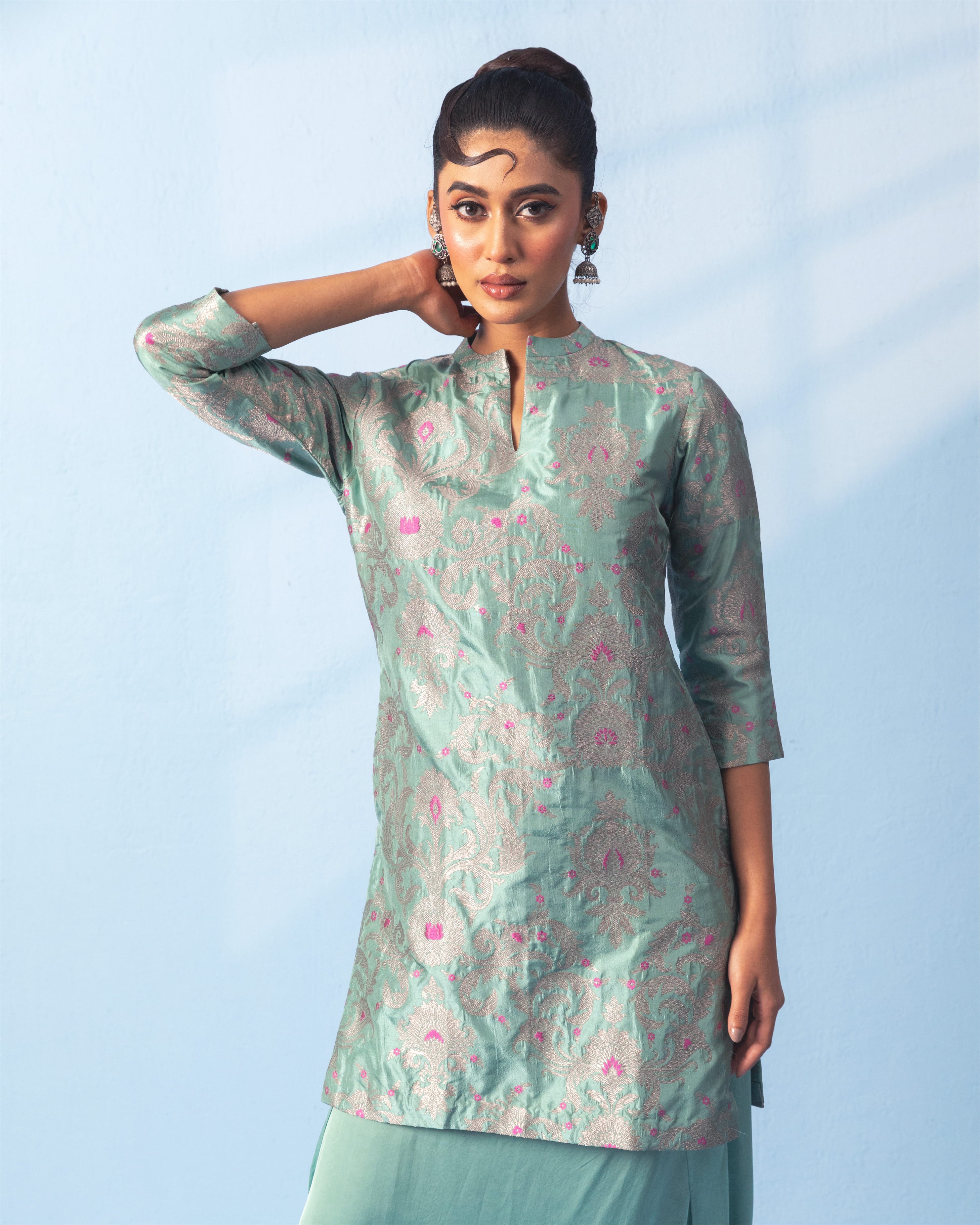 Sage Green Short Kurta with Satin Dhoti Set