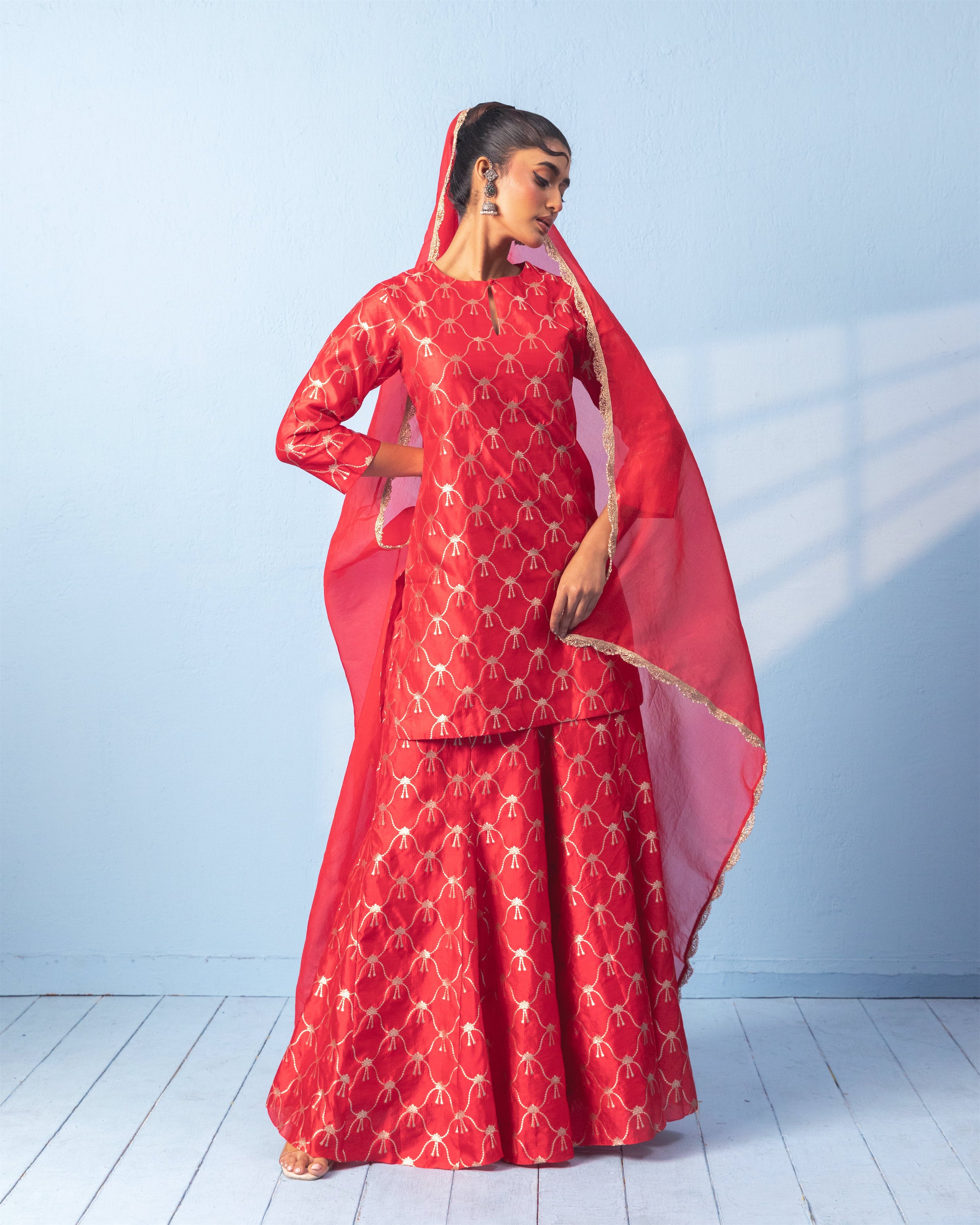 Red Banarasi Sharara Set with Organza Dupatta
